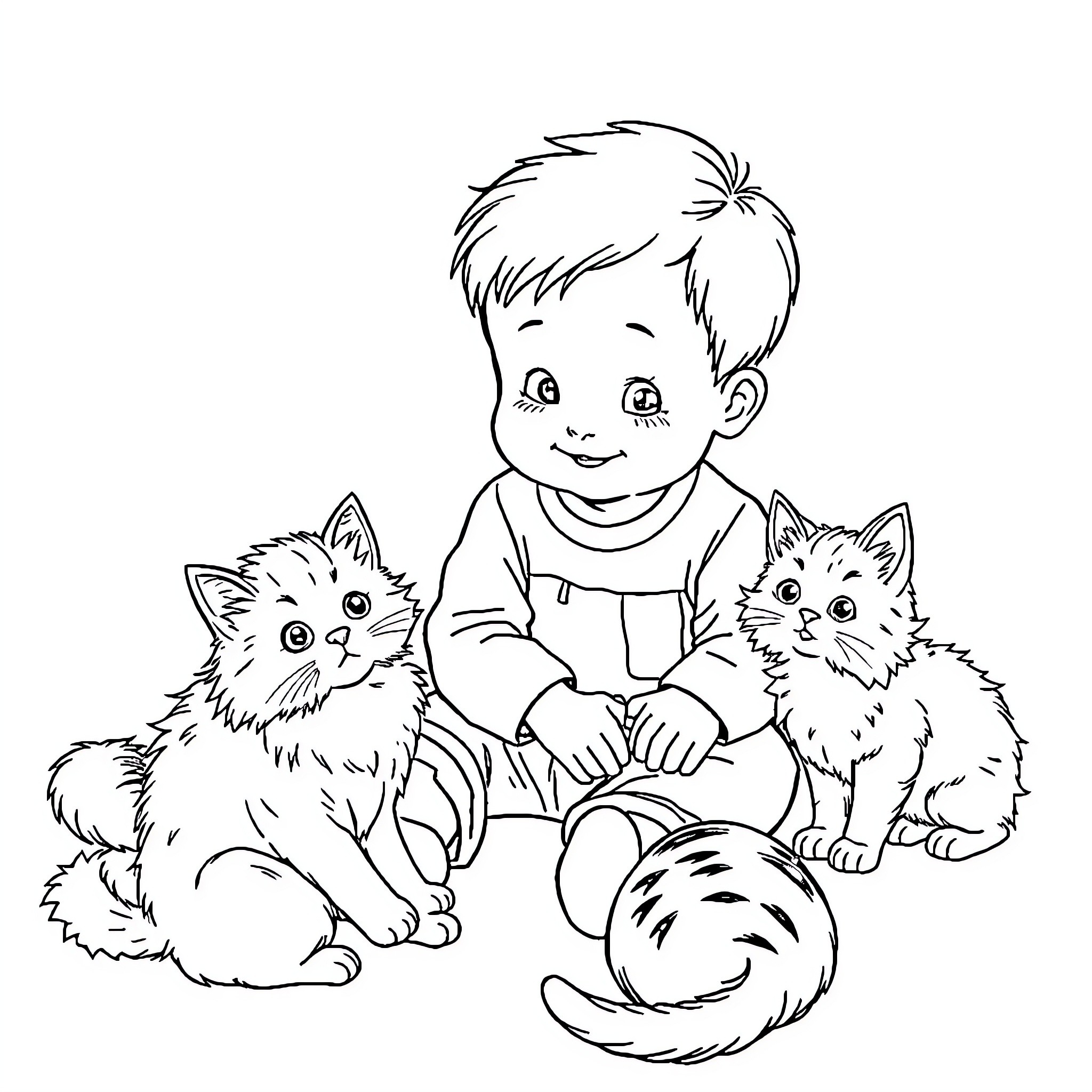 Cat and boy playing together Coloring Page (free black-and-white line drawing printable PDF for all, from beginners to advanced learners, including children, teens, adults, and seniors)