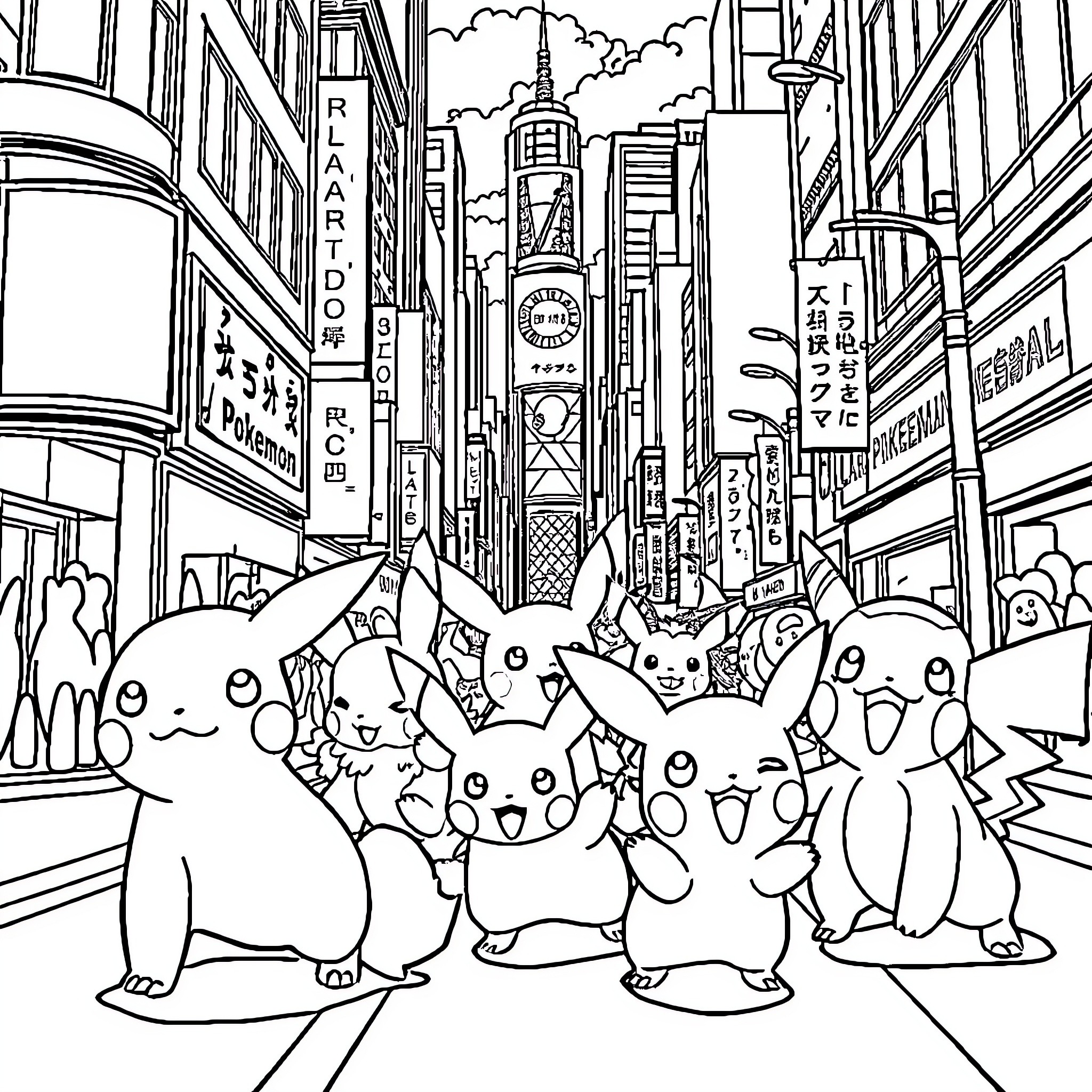 Pokémon in a Bustling City Street Coloring Page (free black-and-white line drawing printable PDF for all, from beginners to advanced learners, including children, teens, adults, and seniors)