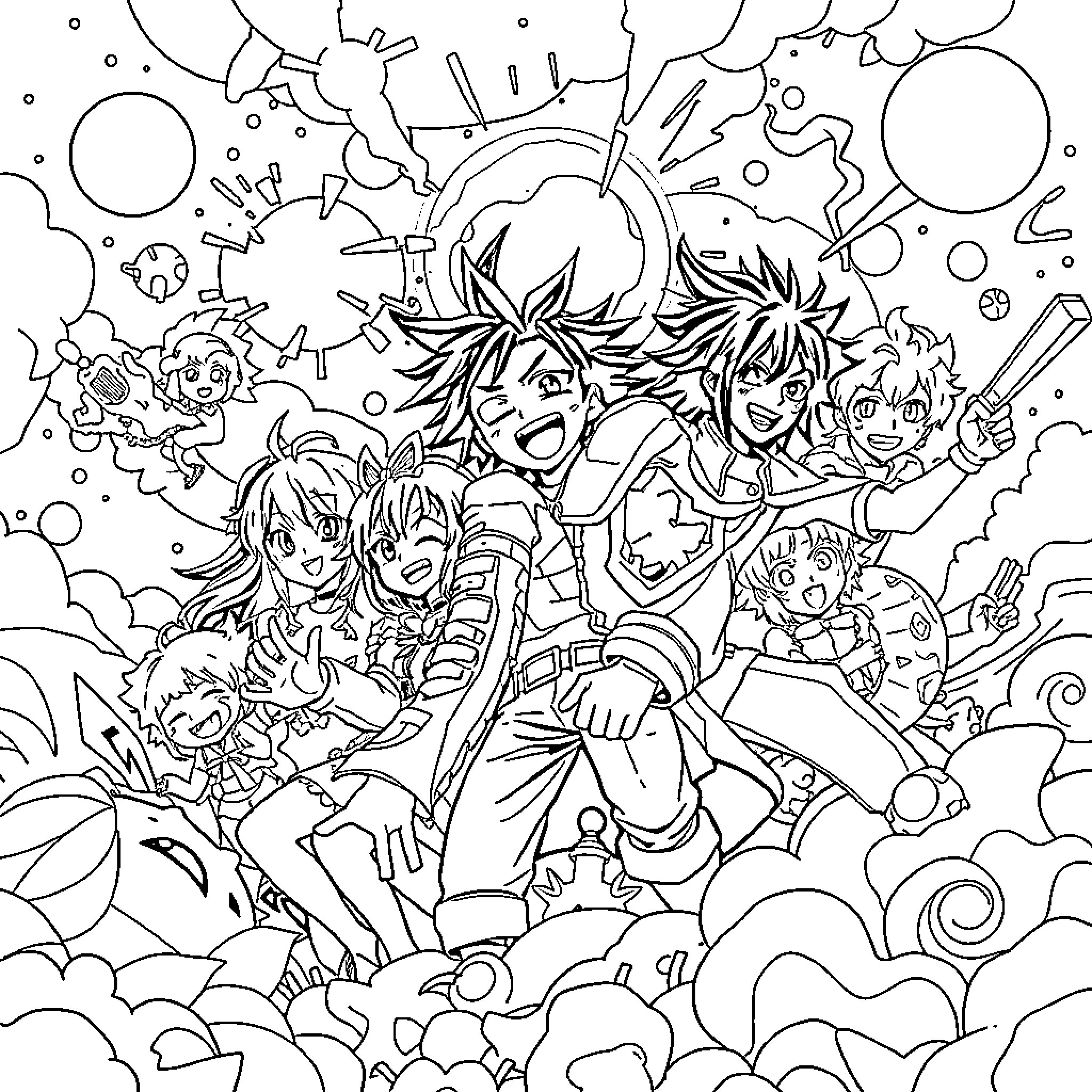 Anime Characters Enjoying Vibrant Adventure Coloring Page (free black-and-white line drawing printable PDF for all, from beginners to advanced learners, including children, teens, adults, and seniors)