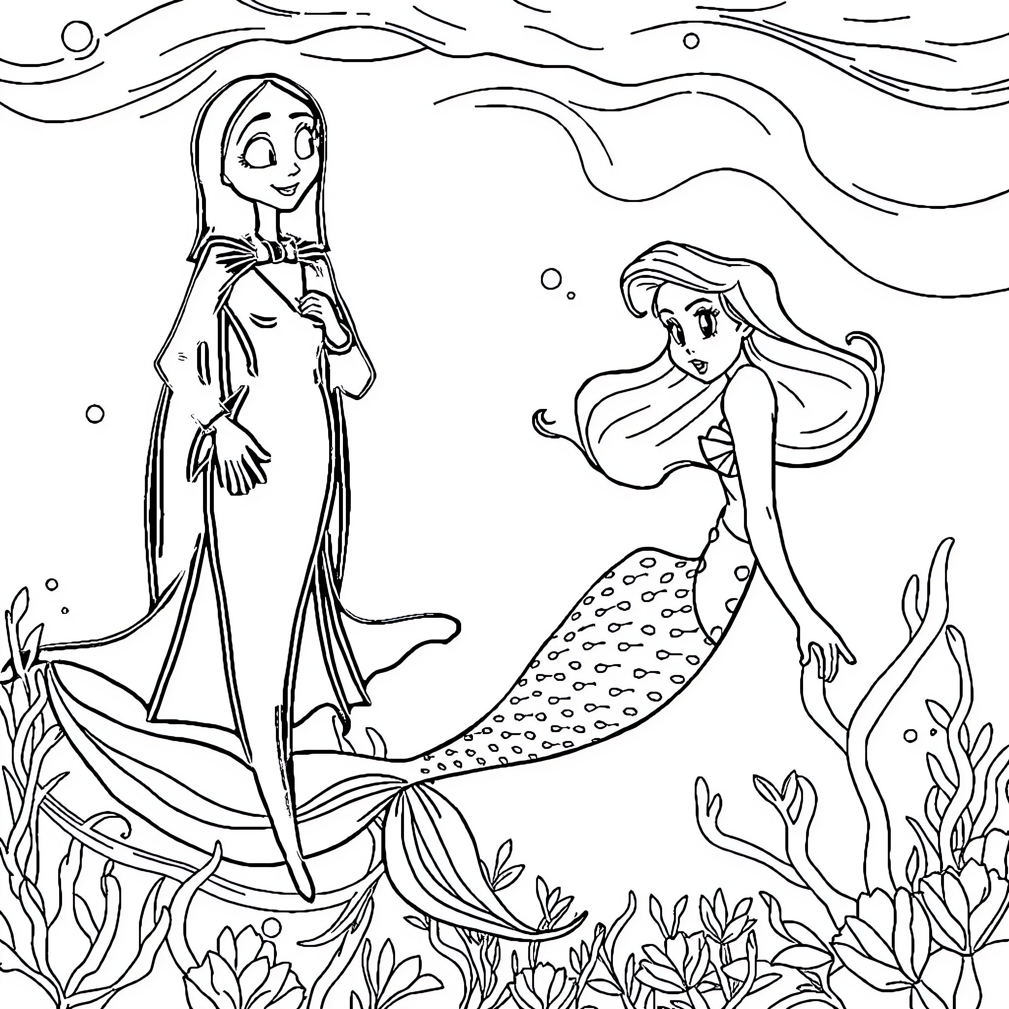 Mermaid friends exploring the underwater world Coloring Page (free black-and-white line drawing printable PDF for all, from beginners to advanced learners, including children, teens, adults, and seniors)