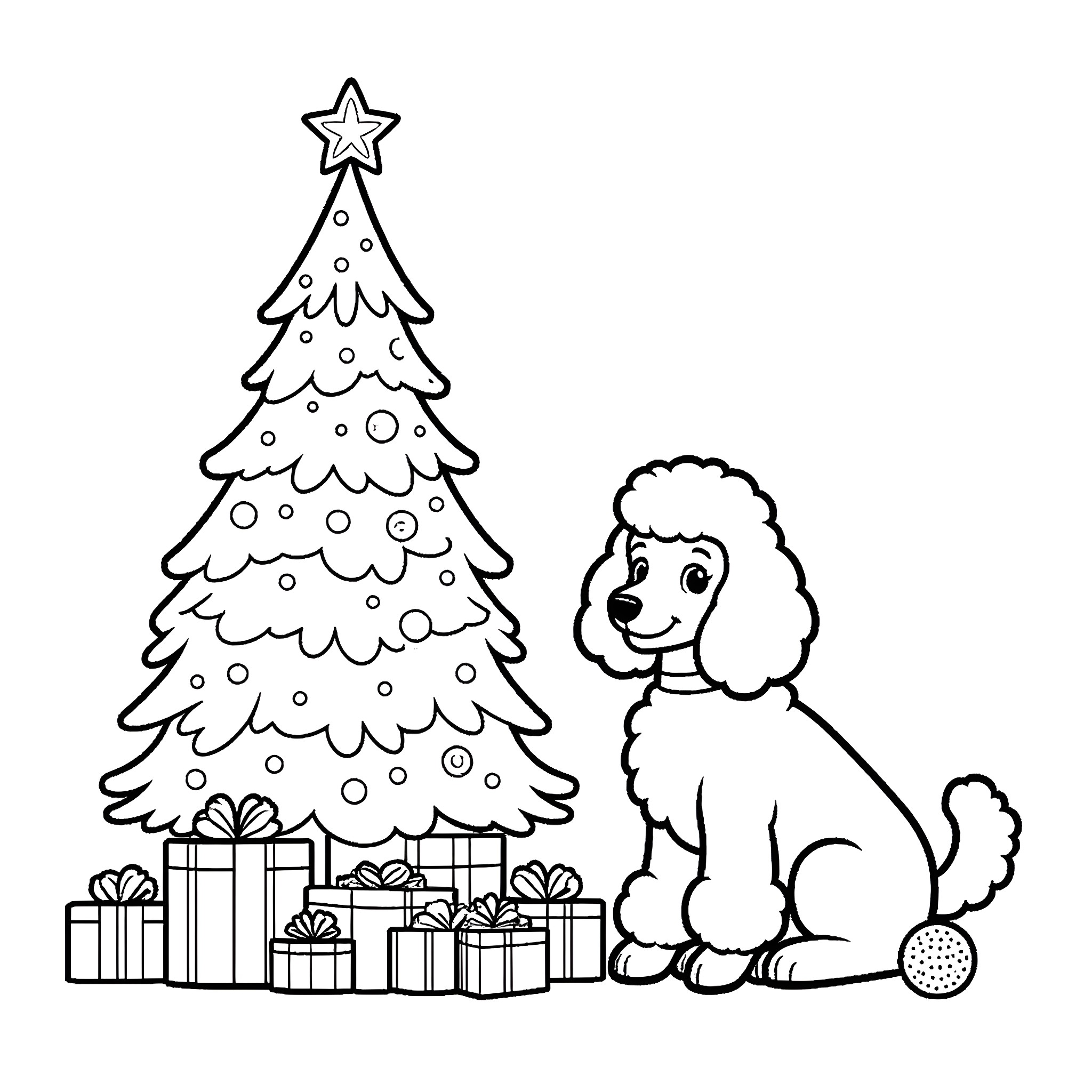 Poodle enjoying the Christmas tree and gifts Coloring Page (free black-and-white line drawing printable PDF for all, from beginners to advanced learners, including children, teens, adults, and seniors)