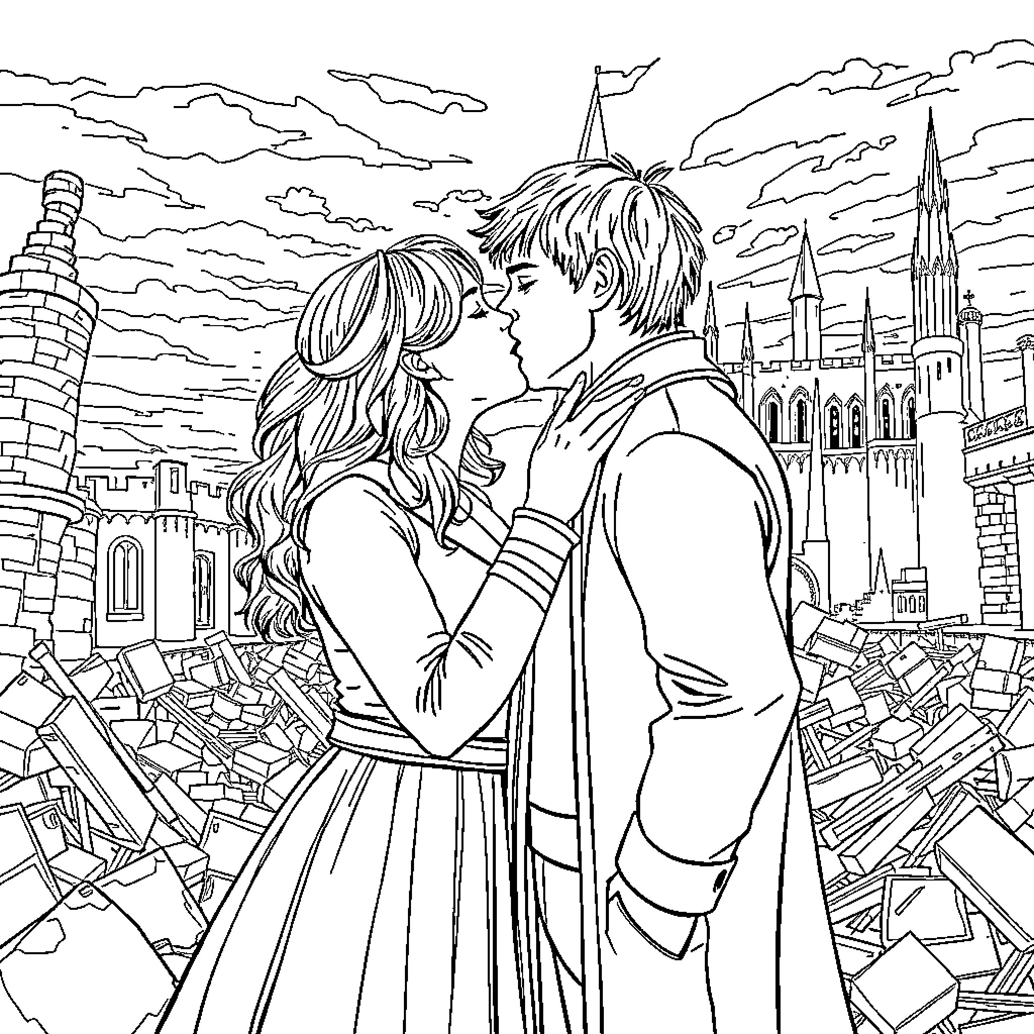 Weasley couple sharing a tender moment amidst the iconic wizarding world Coloring Page (free black-and-white line drawing printable PDF for all, from beginners to advanced learners, including children, teens, adults, and seniors)