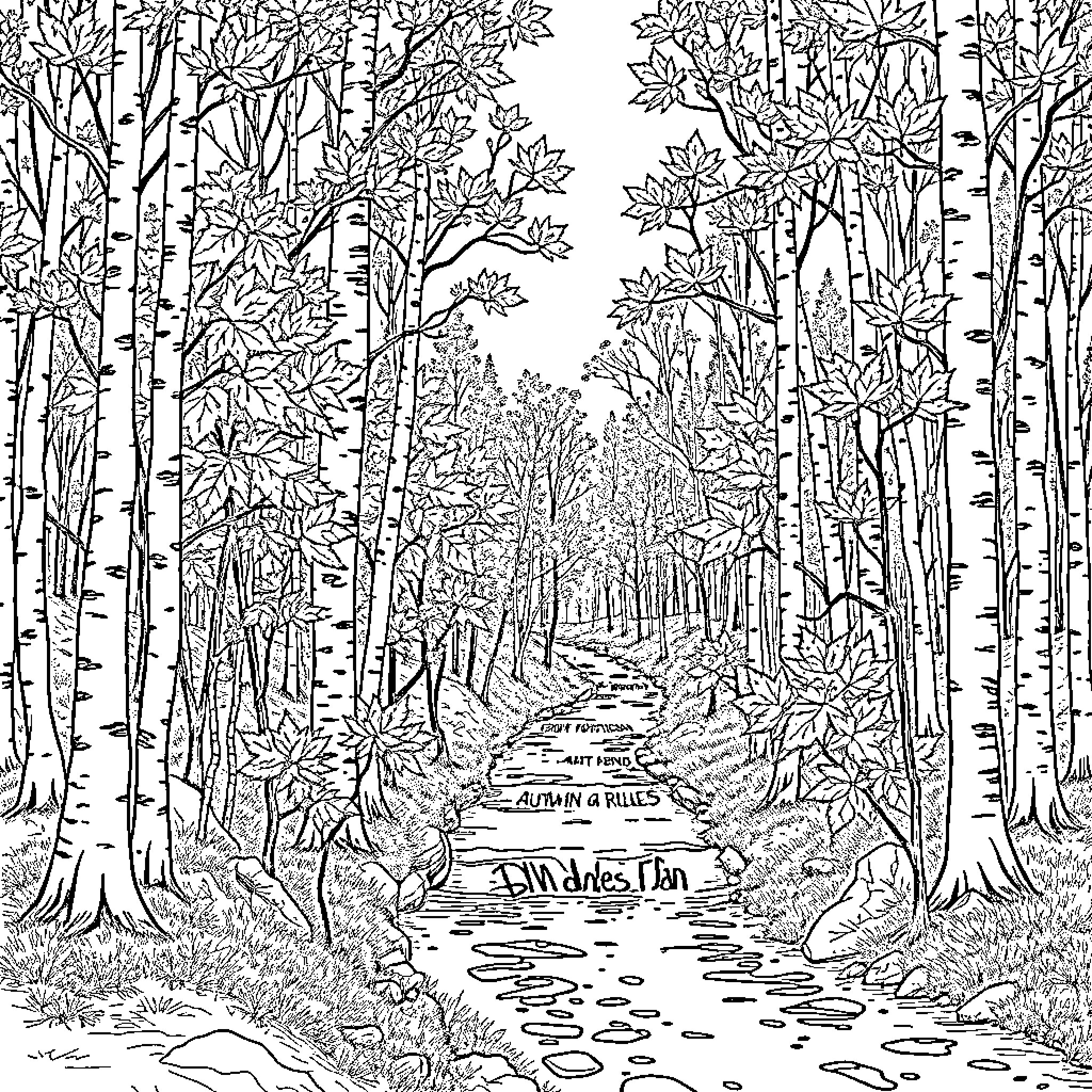 Forest Scene with Winding Trail and Autumn Foliage Coloring Page (free black-and-white line drawing printable PDF for all, from beginners to advanced learners, including children, teens, adults, and seniors)