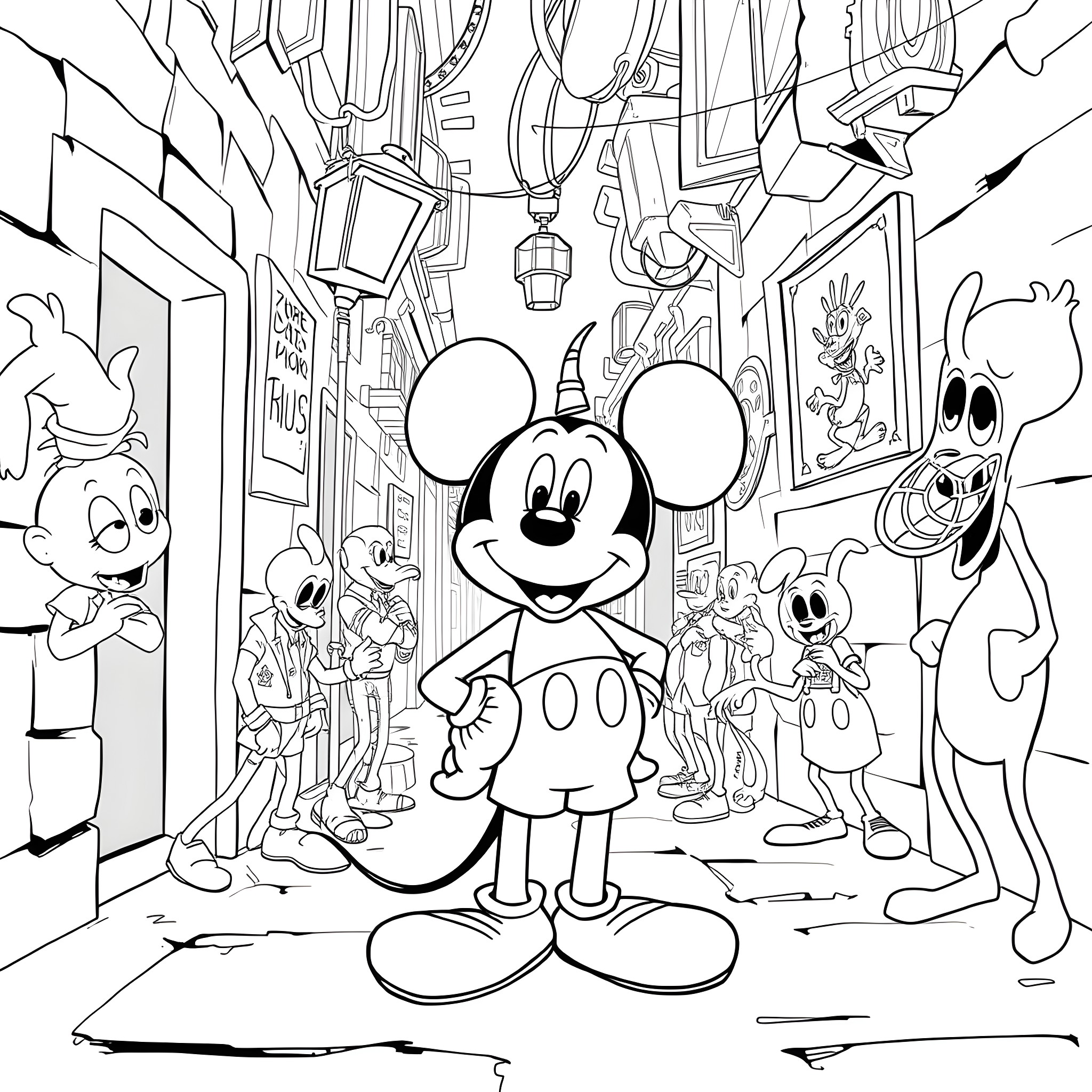 Mickey Mouse and his cartoon friends in a busy street scene Coloring Page (free black-and-white line drawing printable PDF for all, from beginners to advanced learners, including children, teens, adults, and seniors)