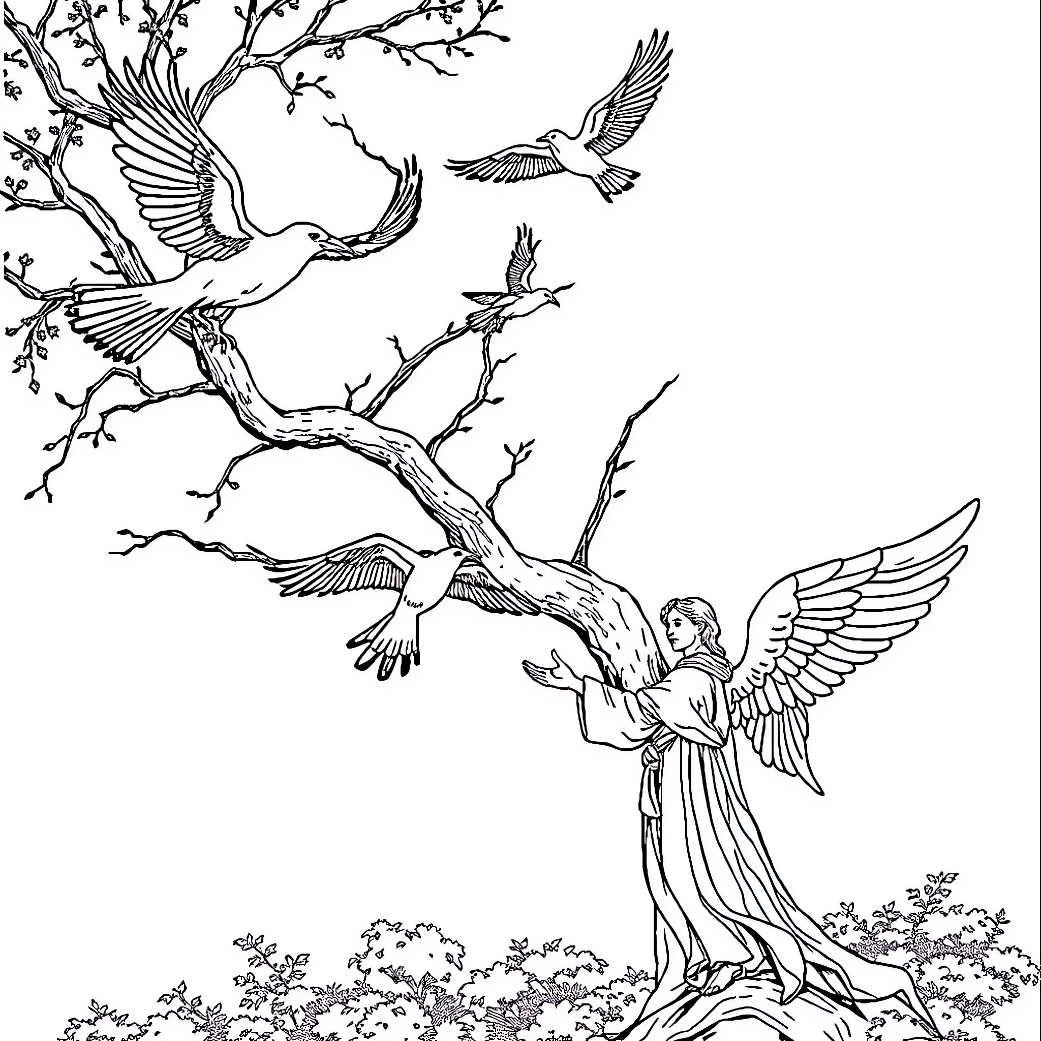 Crow Soaring with Winged Companions in Lush Nature Coloring Page (free black-and-white line drawing printable PDF for all, from beginners to advanced learners, including children, teens, adults, and seniors)