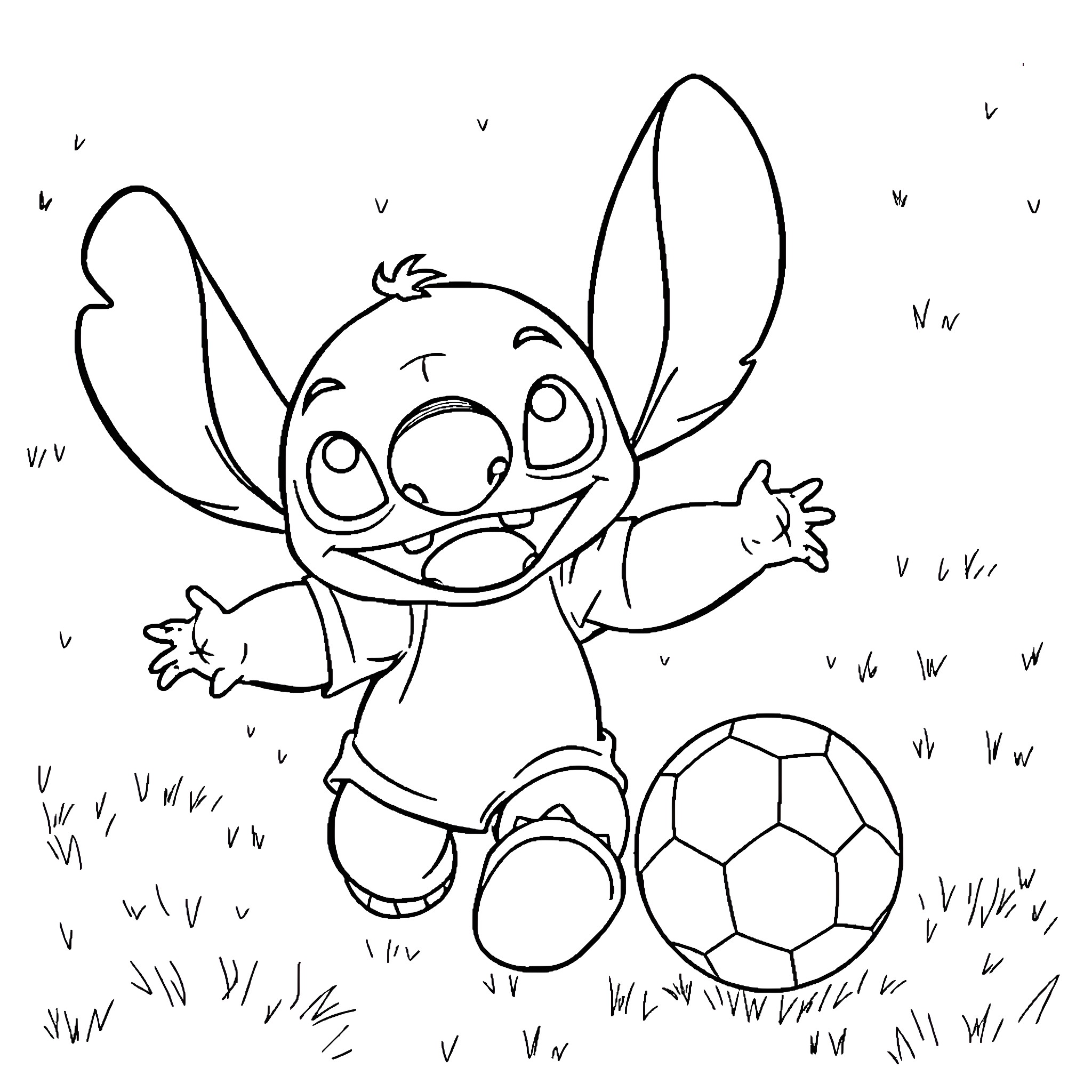 Stitch playing with soccer ball on the grass Coloring Page (free black-and-white line drawing printable PDF for all, from beginners to advanced learners, including children, teens, adults, and seniors)