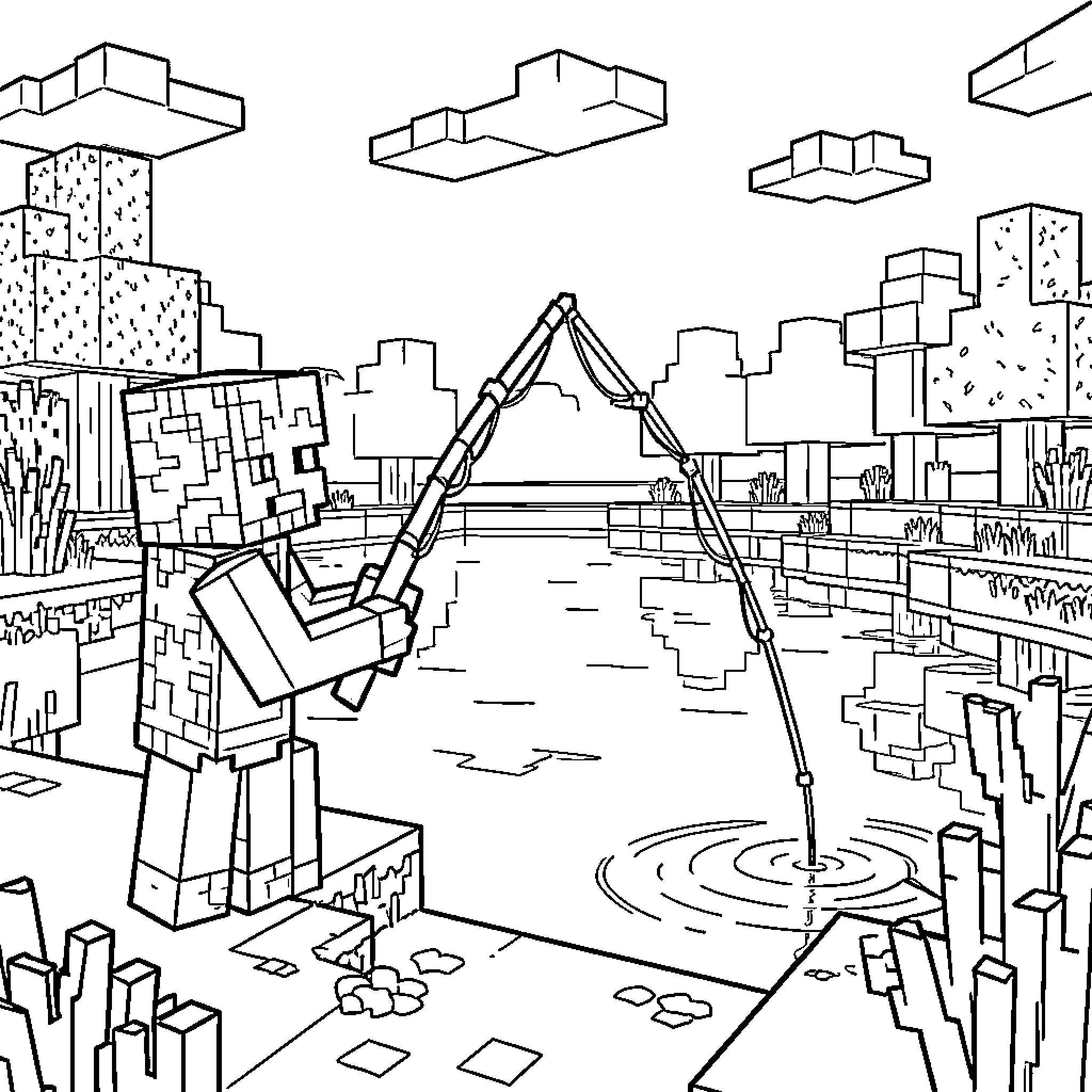 Minecraft Fish character fishing by a calm river Coloring Page (free black-and-white line drawing printable PDF for all, from beginners to advanced learners, including children, teens, adults, and seniors)