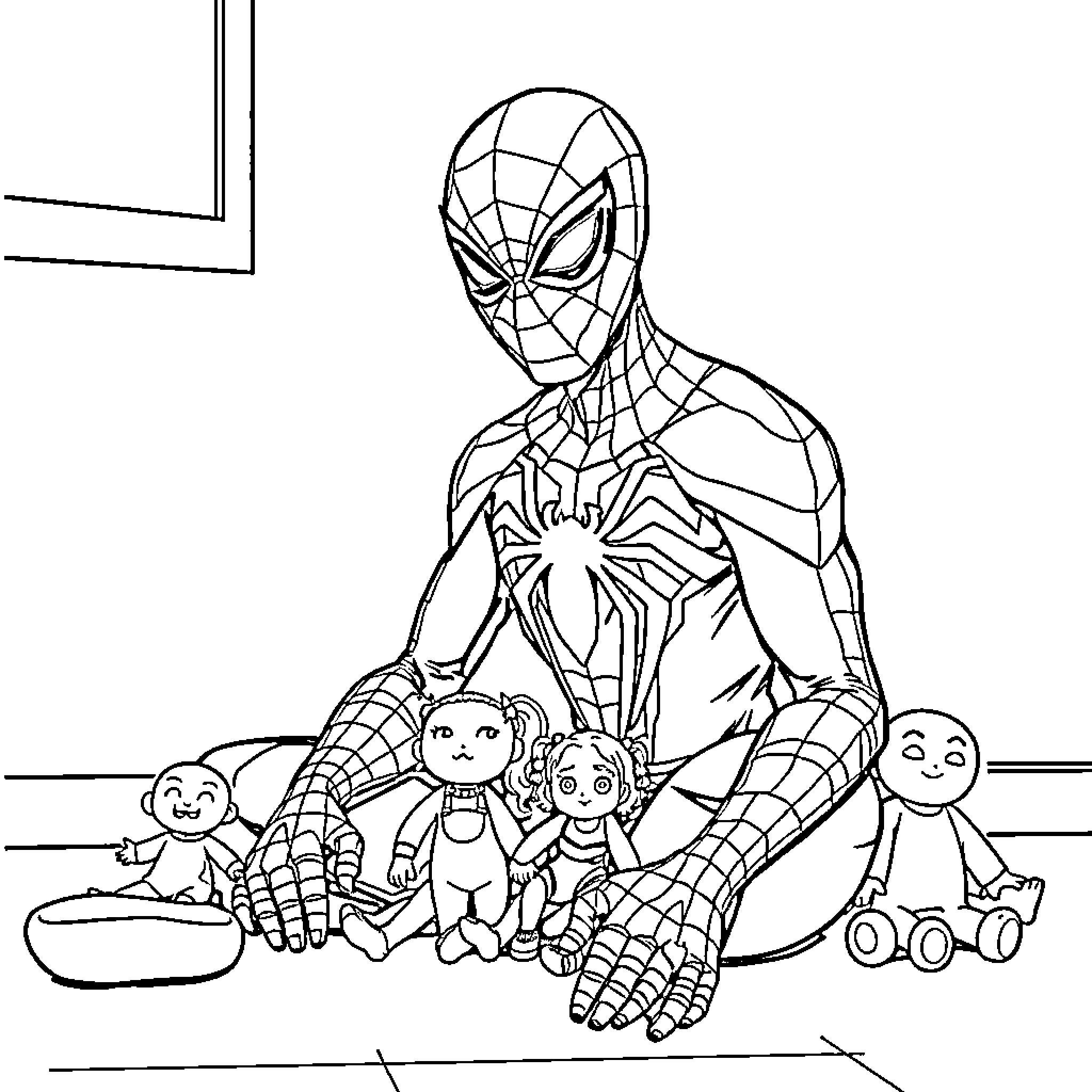 Spider-Man surrounded by adorable plush toys Coloring Page (free black-and-white line drawing printable PDF for all, from beginners to advanced learners, including children, teens, adults, and seniors)