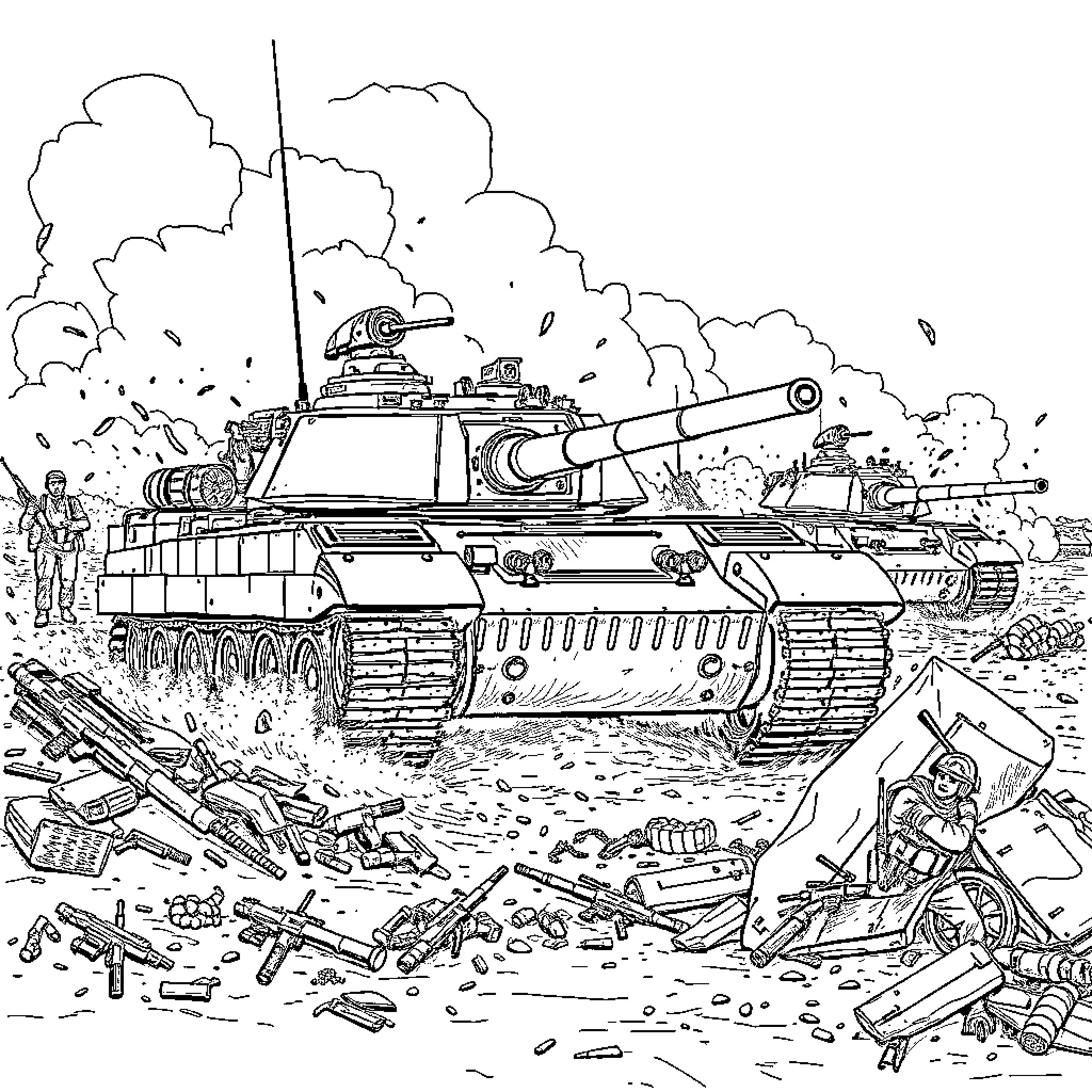 Tank engaging in intense battle on the battlefield Coloring Page (free black-and-white line drawing printable PDF for all, from beginners to advanced learners, including children, teens, adults, and seniors)
