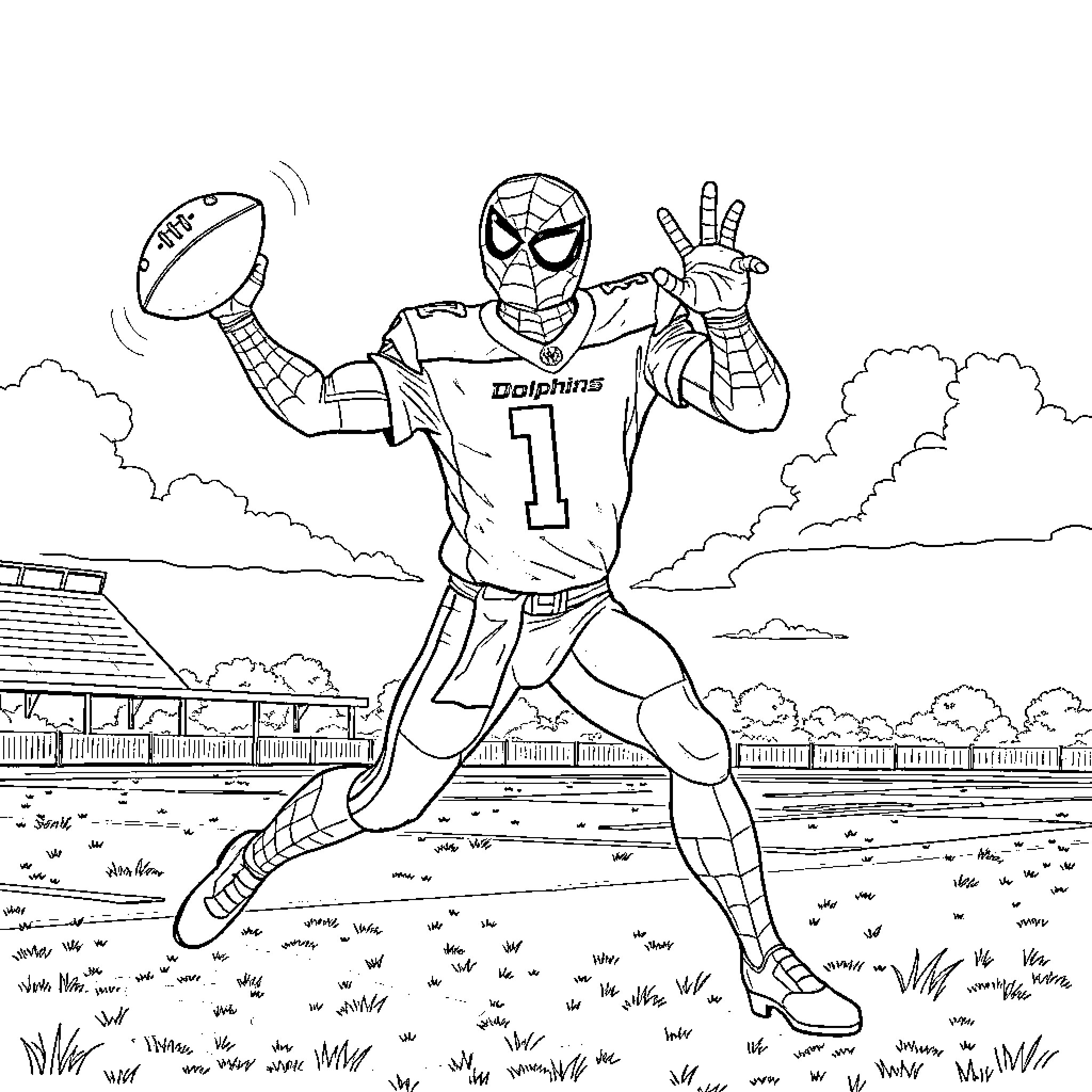 Spiderman playing football on the field Coloring Page (free black-and-white line drawing printable PDF for all, from beginners to advanced learners, including children, teens, adults, and seniors)