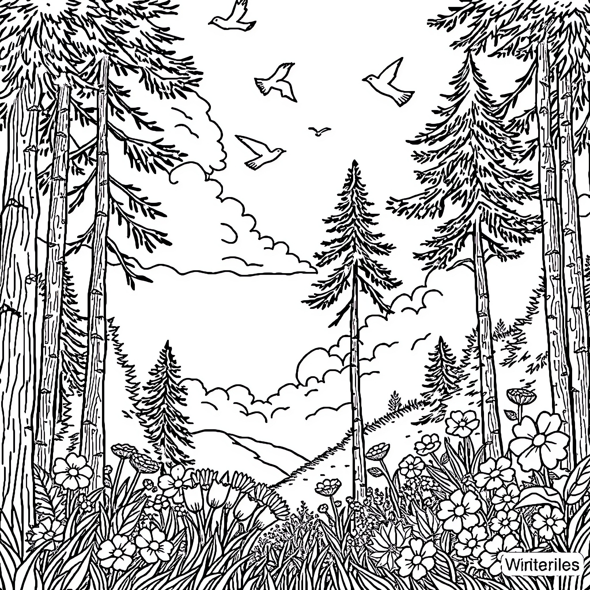 Nature in the Wilderness with Flying Birds Coloring Page (free black-and-white line drawing printable PDF for all, from beginners to advanced learners, including children, teens, adults, and seniors)
