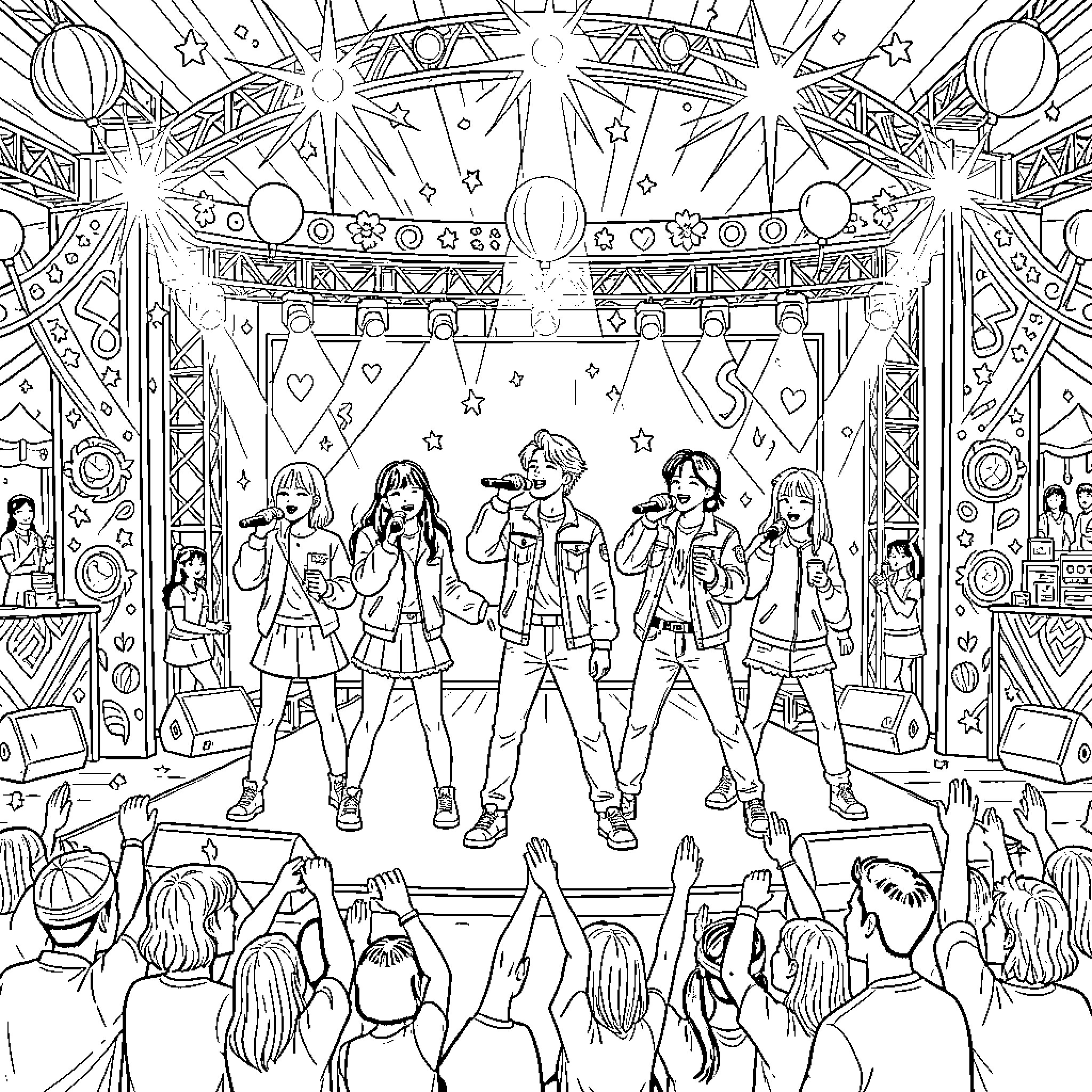 Kpop Idol Group Performing on Stage with Fans Coloring Page (free black-and-white line drawing printable PDF for all, from beginners to advanced learners, including children, teens, adults, and seniors)