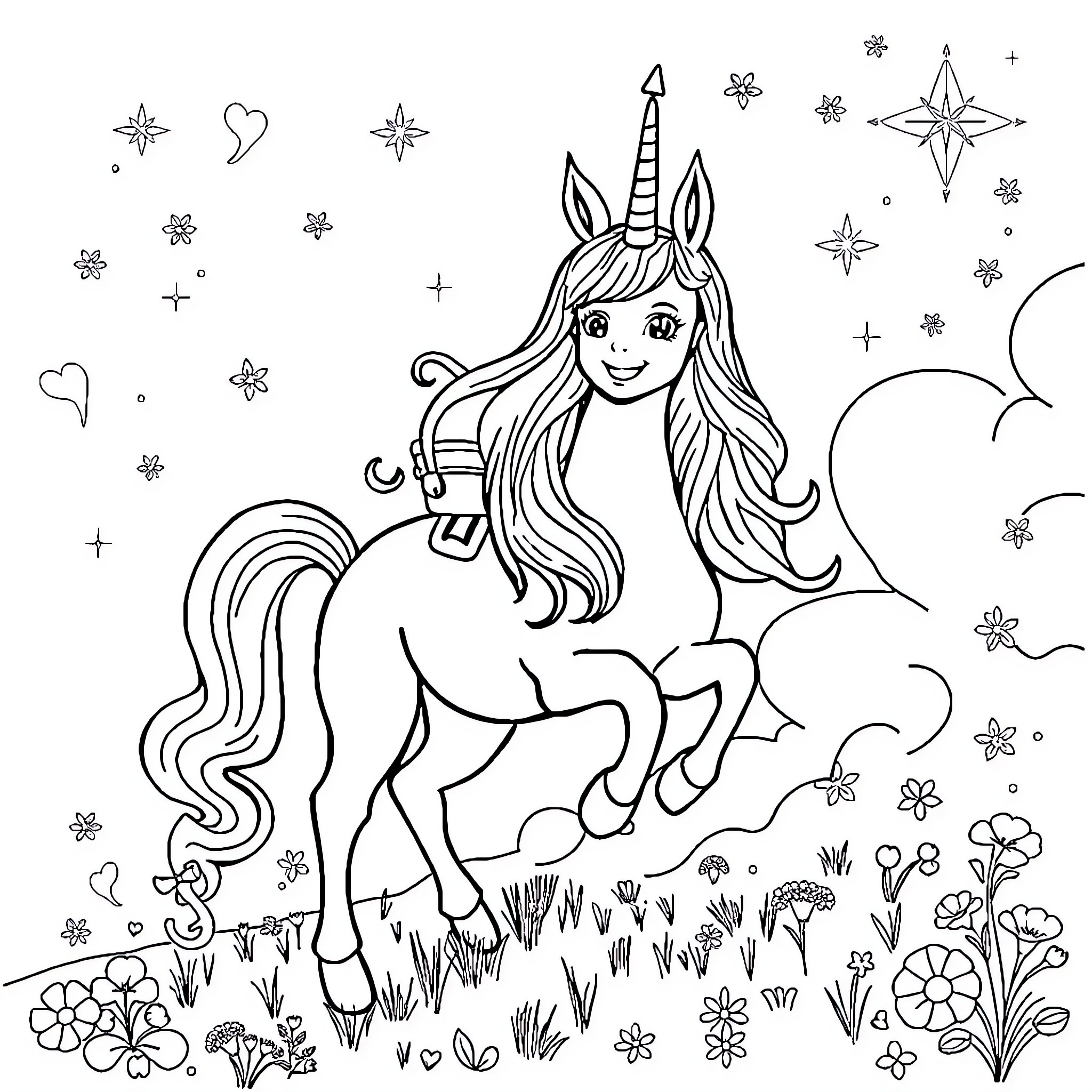 Girl riding a unicorn in a magical field Coloring Page (free black-and-white line drawing printable PDF for all, from beginners to advanced learners, including children, teens, adults, and seniors)