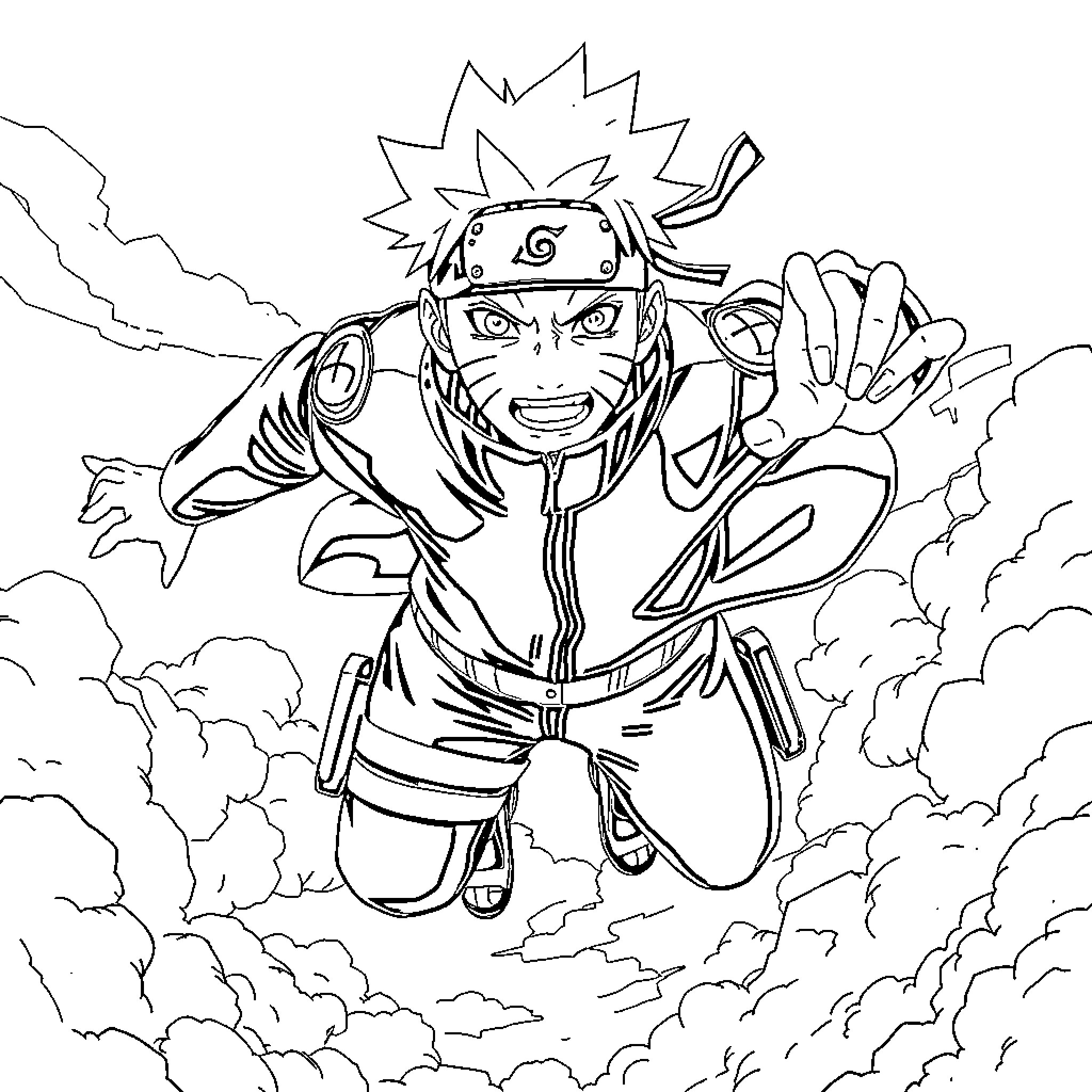 Naruto in action-packed scene with clouds and lightning Coloring Page (free black-and-white line drawing printable PDF for all, from beginners to advanced learners, including children, teens, adults, and seniors)