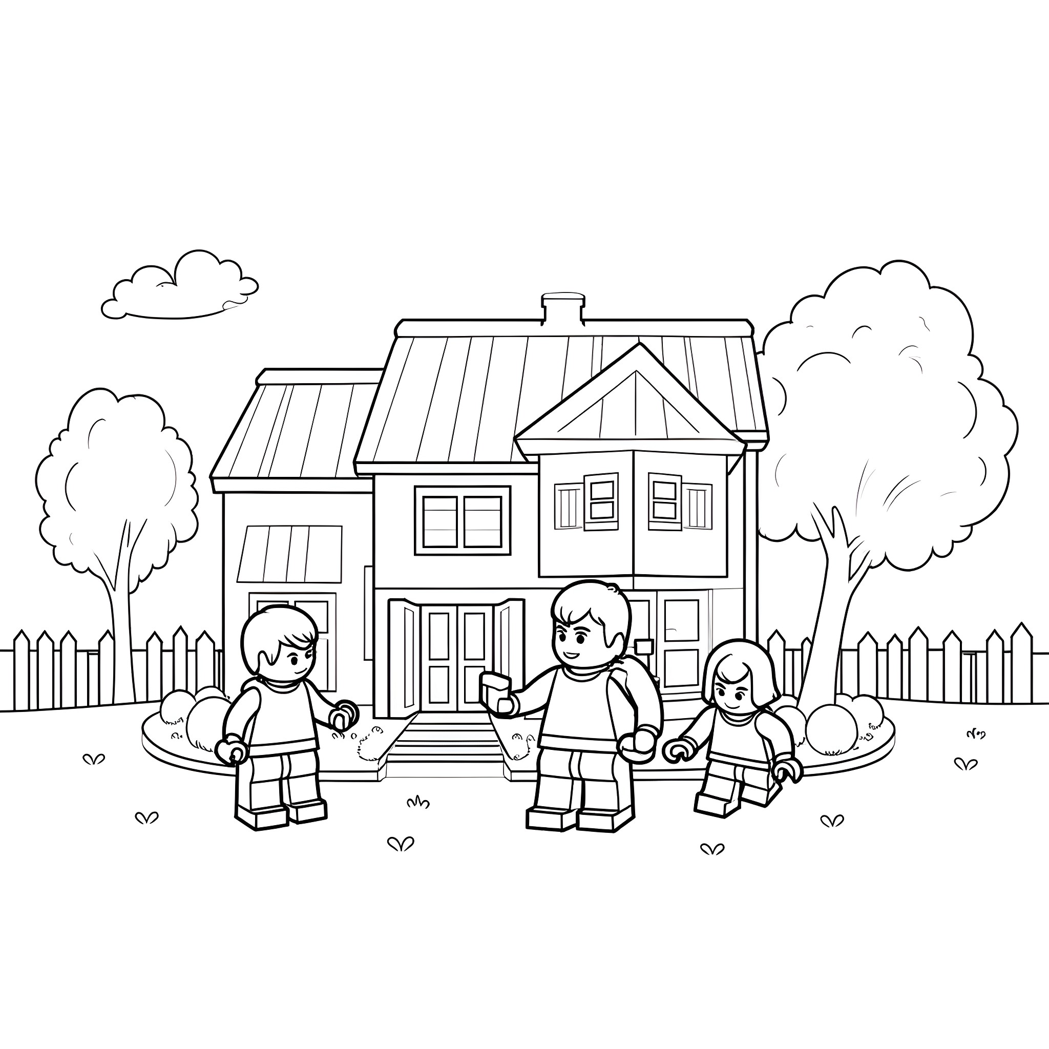 LEGO Family Playing in the Yard Coloring Page (free black-and-white line drawing printable PDF for all, from beginners to advanced learners, including children, teens, adults, and seniors)