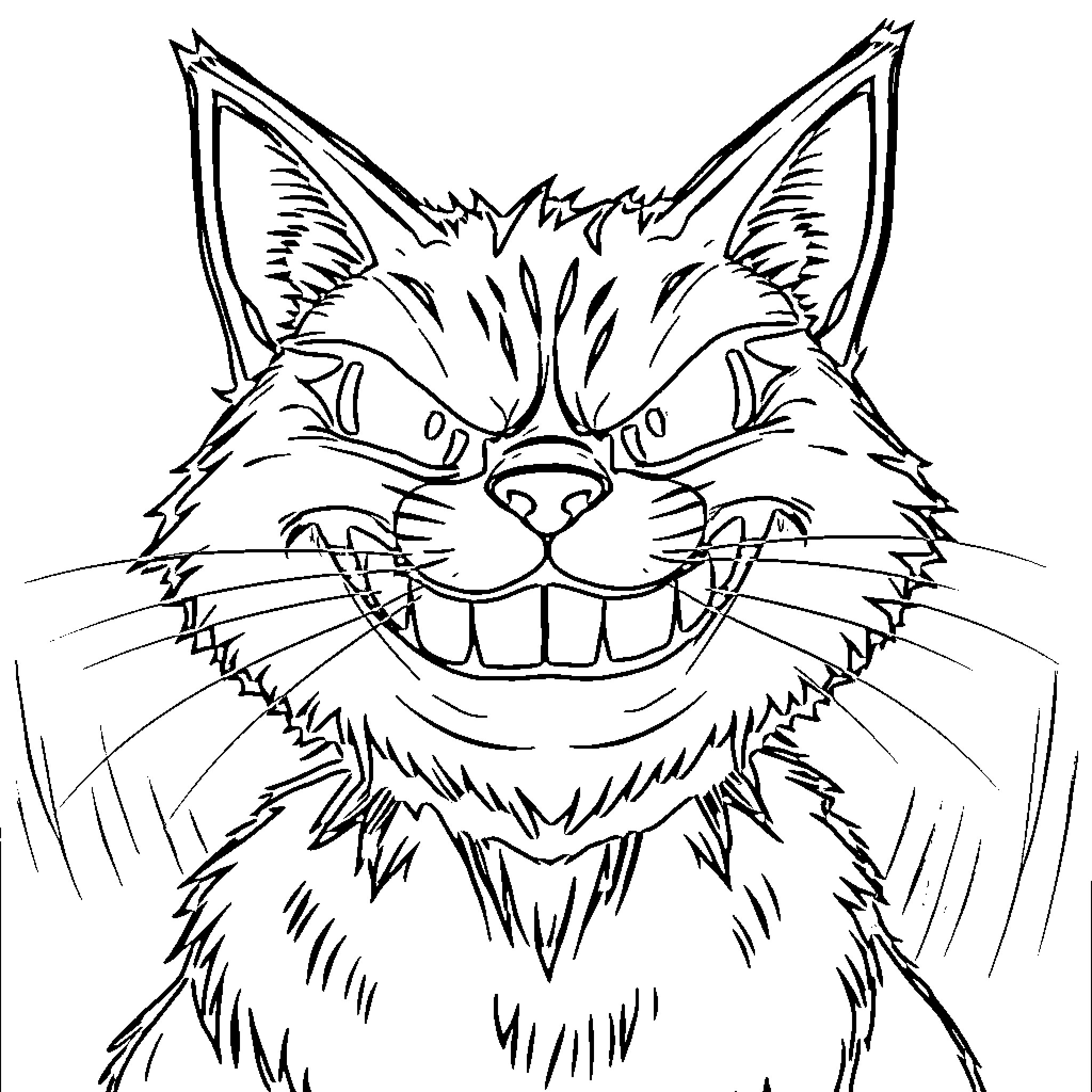Cat with an exaggerated grin Coloring Page (free black-and-white line drawing printable PDF for all, from beginners to advanced learners, including children, teens, adults, and seniors)