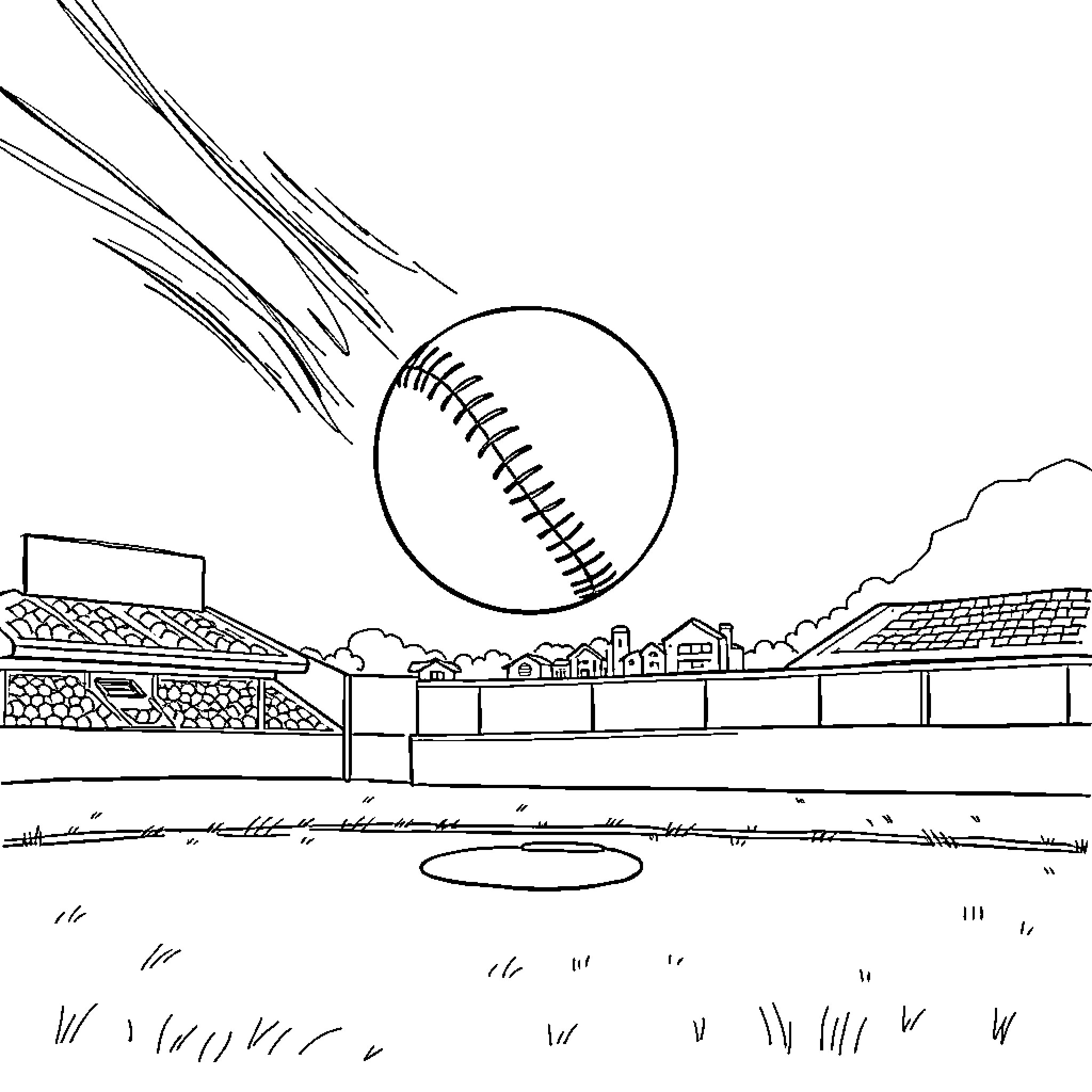 Baseball flying over a baseball stadium Coloring Page (free black-and-white line drawing printable PDF for all, from beginners to advanced learners, including children, teens, adults, and seniors)