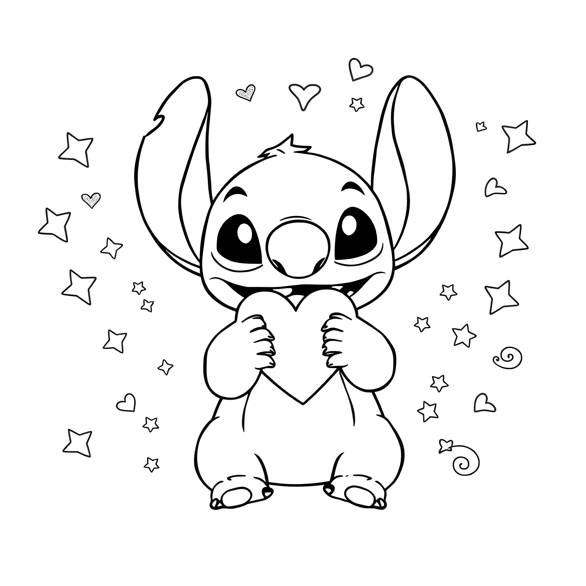 Stitch holding a heart amidst stars Coloring Page (free black-and-white line drawing printable PDF for all, from beginners to advanced learners, including children, teens, adults, and seniors)