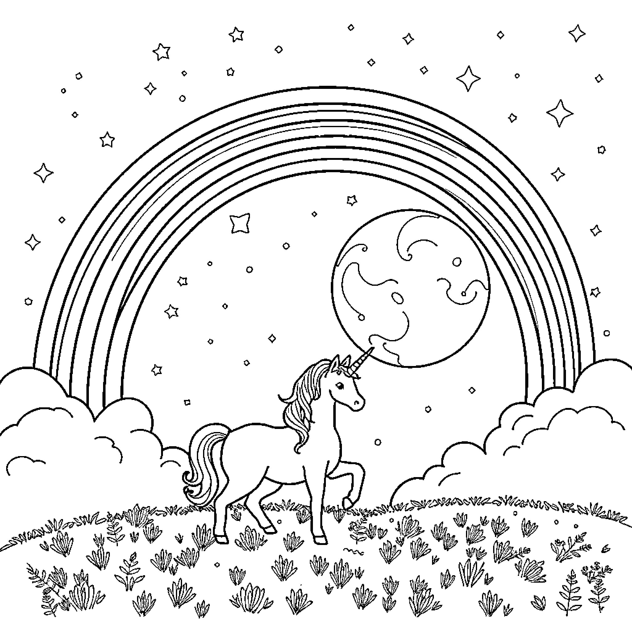 Unicorn galloping happily under starry night sky Coloring Page (free black-and-white line drawing printable PDF for all, from beginners to advanced learners, including children, teens, adults, and seniors)