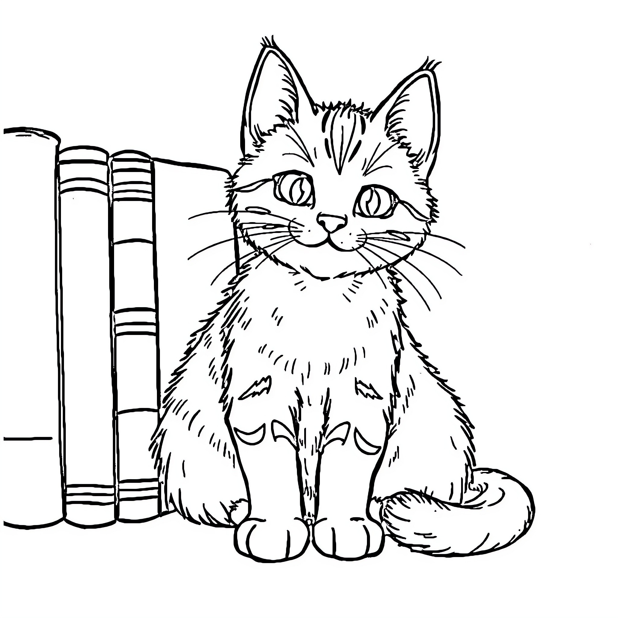 Cat sitting by books Coloring Page (free black-and-white line drawing printable PDF for all, from beginners to advanced learners, including children, teens, adults, and seniors)