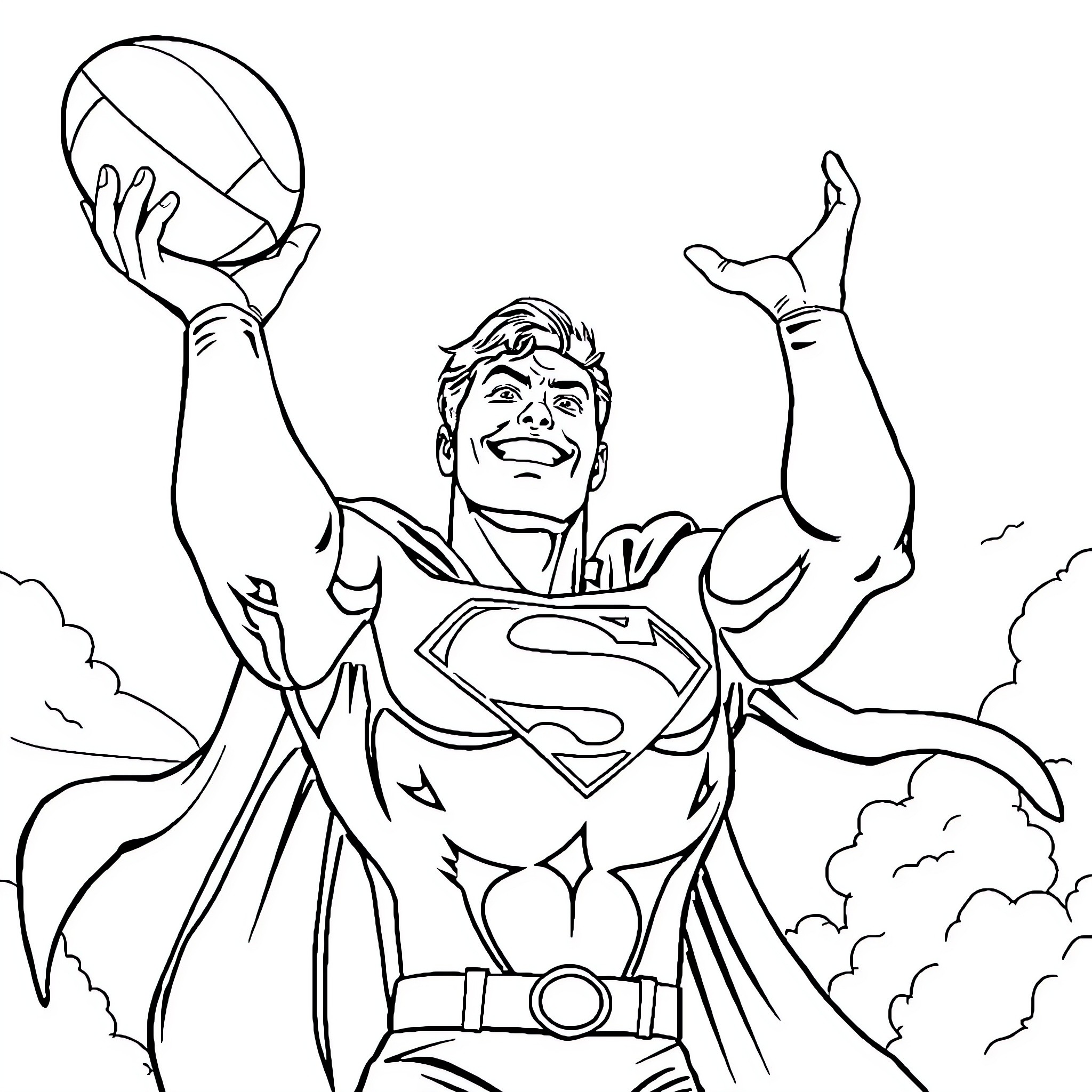 Superman triumphantly holding his iconic emblem Coloring Page (free black-and-white line drawing printable PDF for all, from beginners to advanced learners, including children, teens, adults, and seniors)