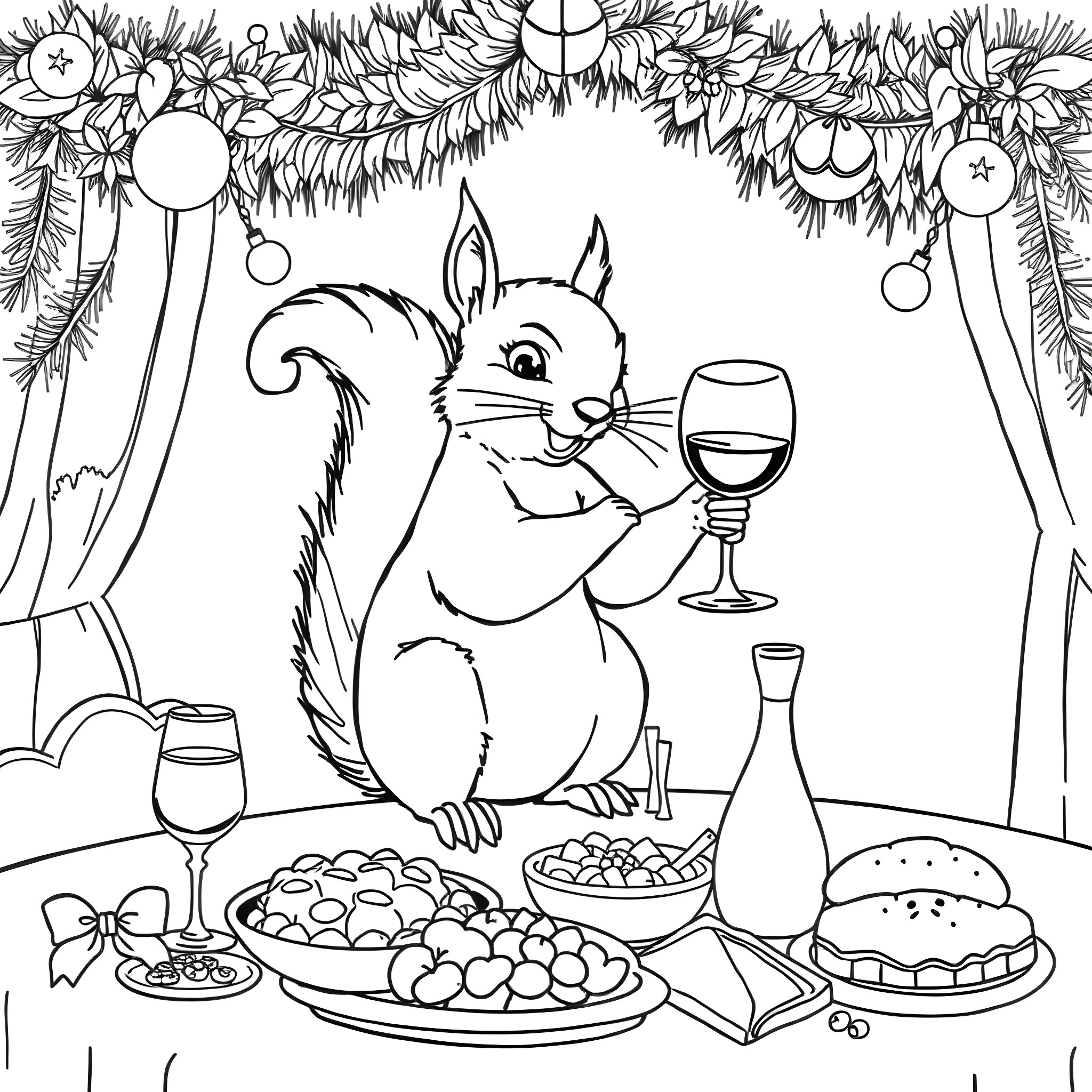 Squirrel enjoying a festive holiday feast Coloring Page (free black-and-white line drawing printable PDF for all, from beginners to advanced learners, including children, teens, adults, and seniors)