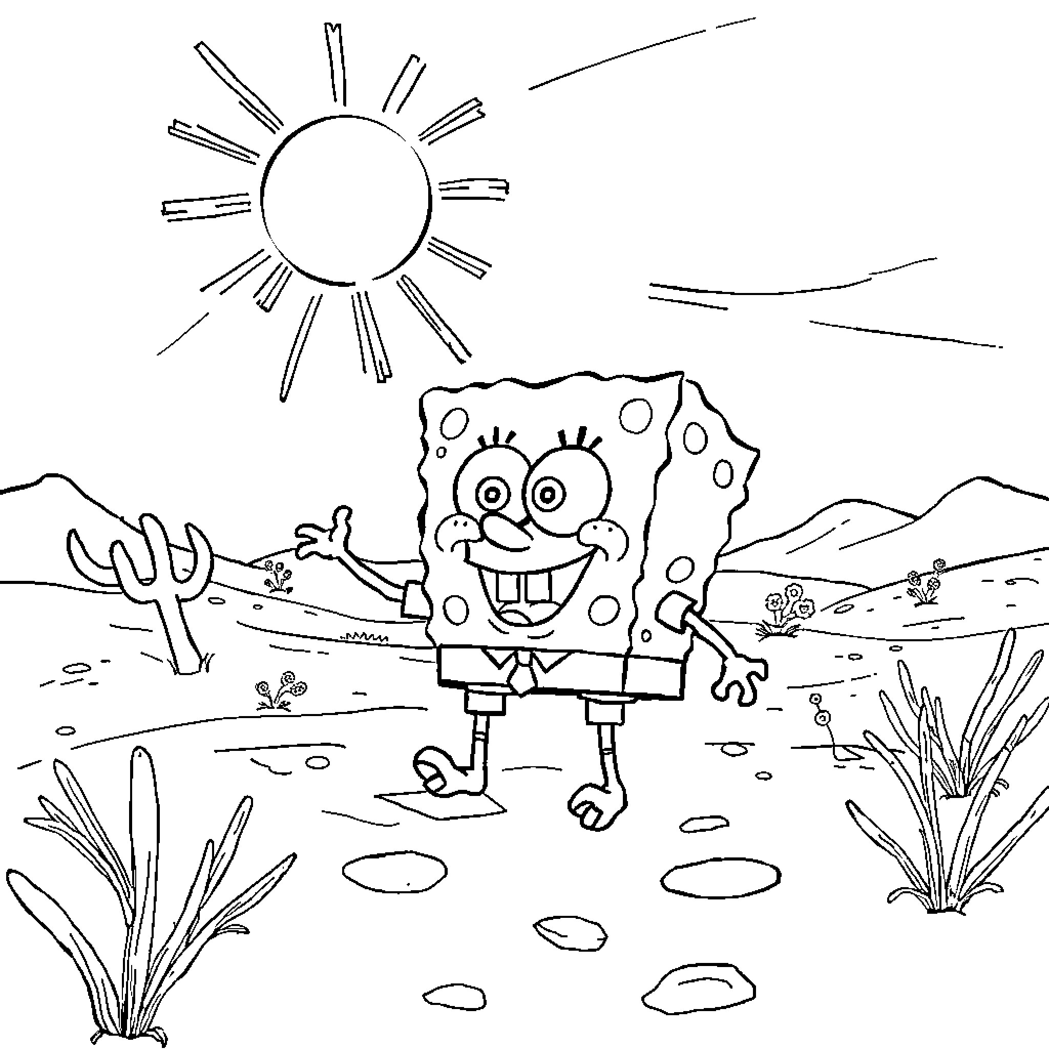 Spongebob enjoying the sunny outdoors Coloring Page (free black-and-white line drawing printable PDF for all, from beginners to advanced learners, including children, teens, adults, and seniors)