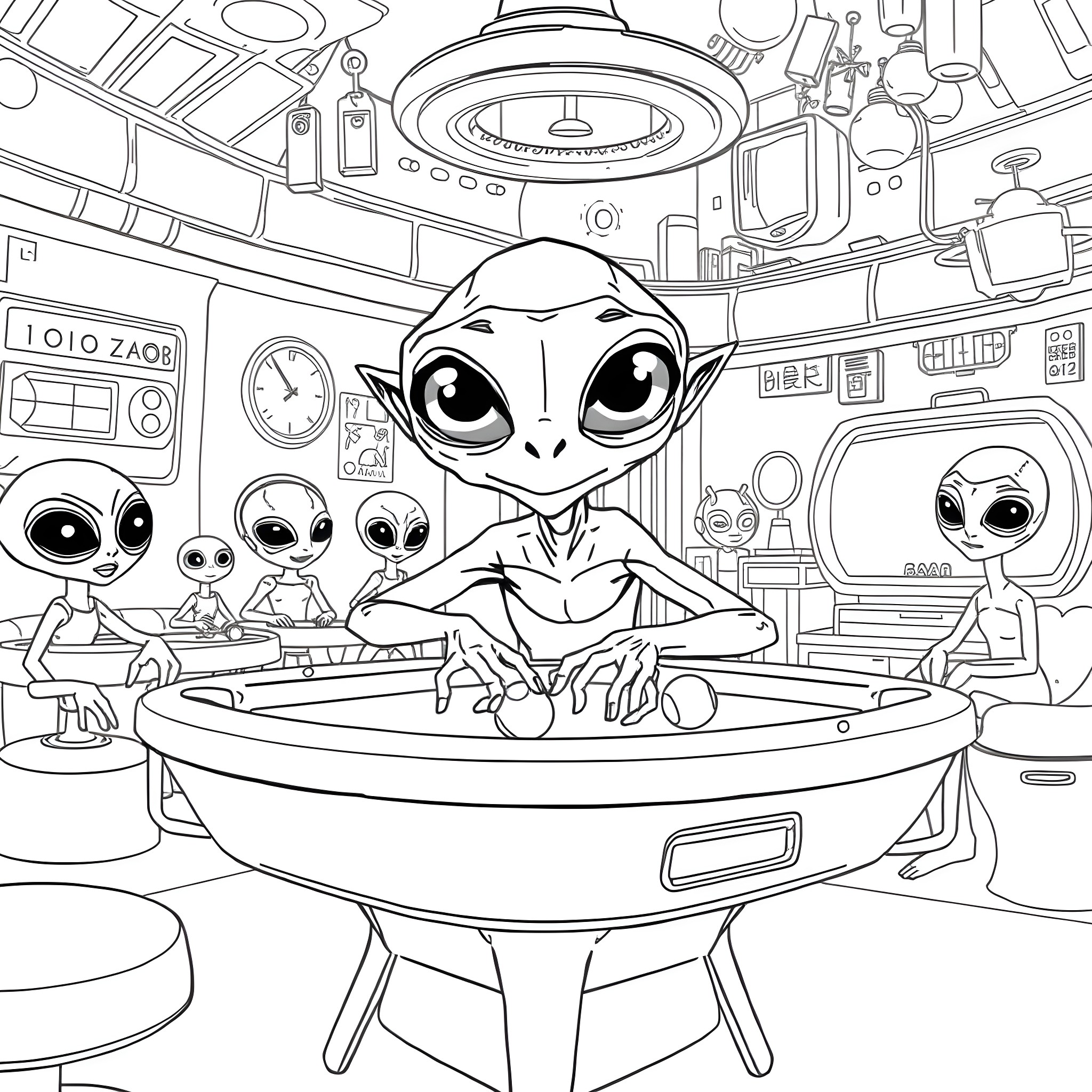 Alien Crew in Futuristic Control Room Coloring Page (free black-and-white line drawing printable PDF for all, from beginners to advanced learners, including children, teens, adults, and seniors)