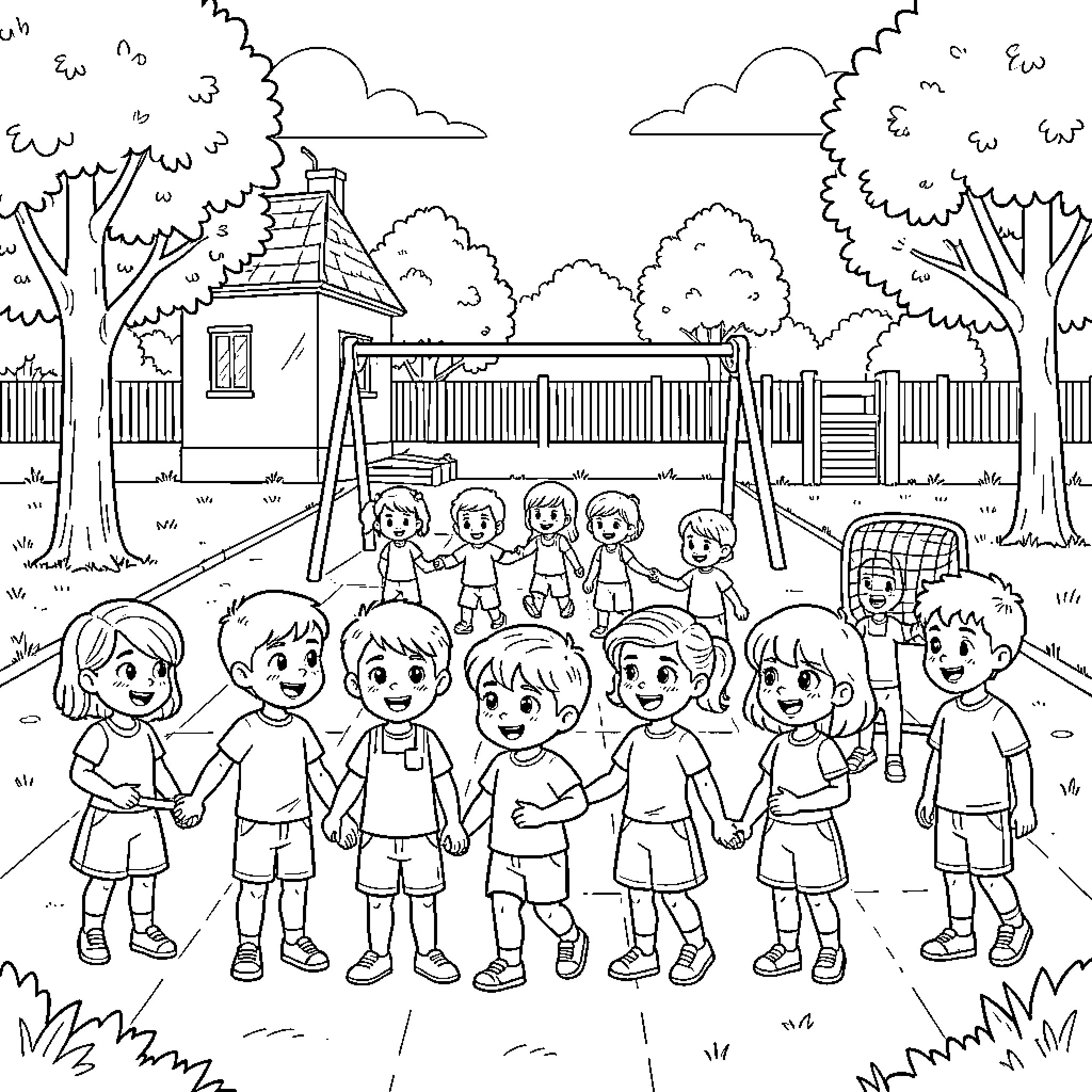 Child group holding hands and playing in playground Coloring Page (free black-and-white line drawing printable PDF for all, from beginners to advanced learners, including children, teens, adults, and seniors)