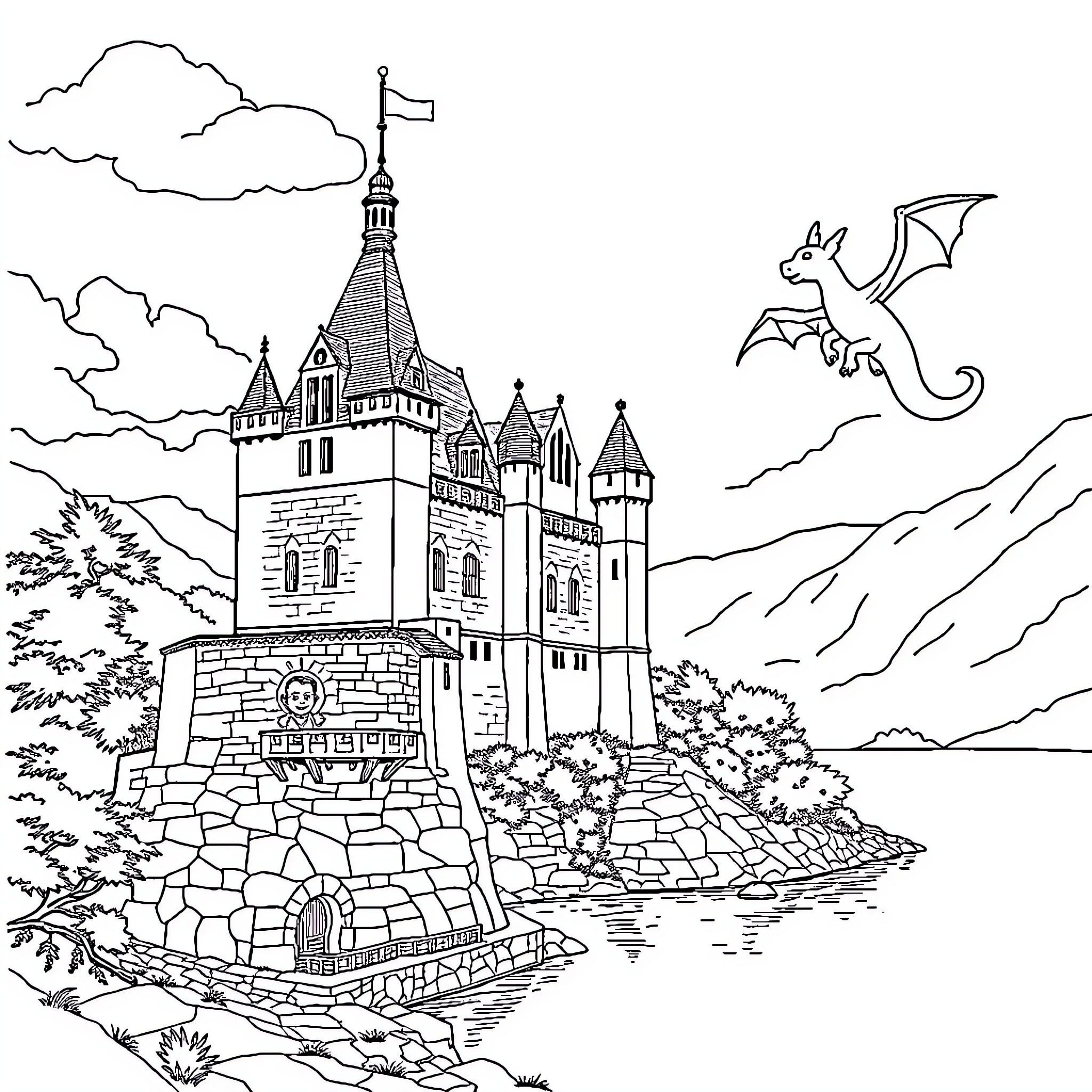 Château of a Magnificent Castle by the Lake Coloring Page (free black-and-white line drawing printable PDF for all, from beginners to advanced learners, including children, teens, adults, and seniors)
