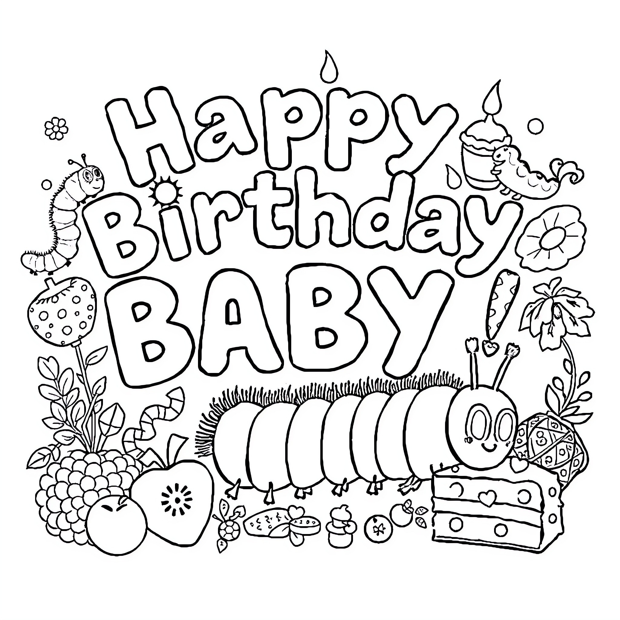 Caterpillar celebrates birthday with colorful decor Coloring Page (free black-and-white line drawing printable PDF for all, from beginners to advanced learners, including children, teens, adults, and seniors)