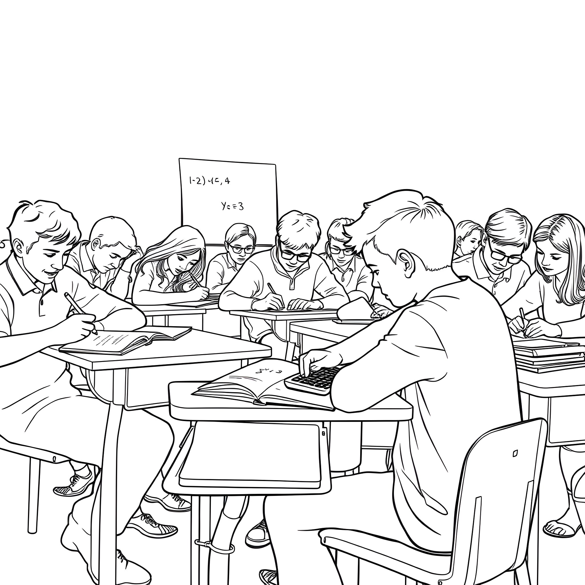 Students Studying Diligently in Classroom Coloring Page (free black-and-white line drawing printable PDF for all, from beginners to advanced learners, including children, teens, adults, and seniors)