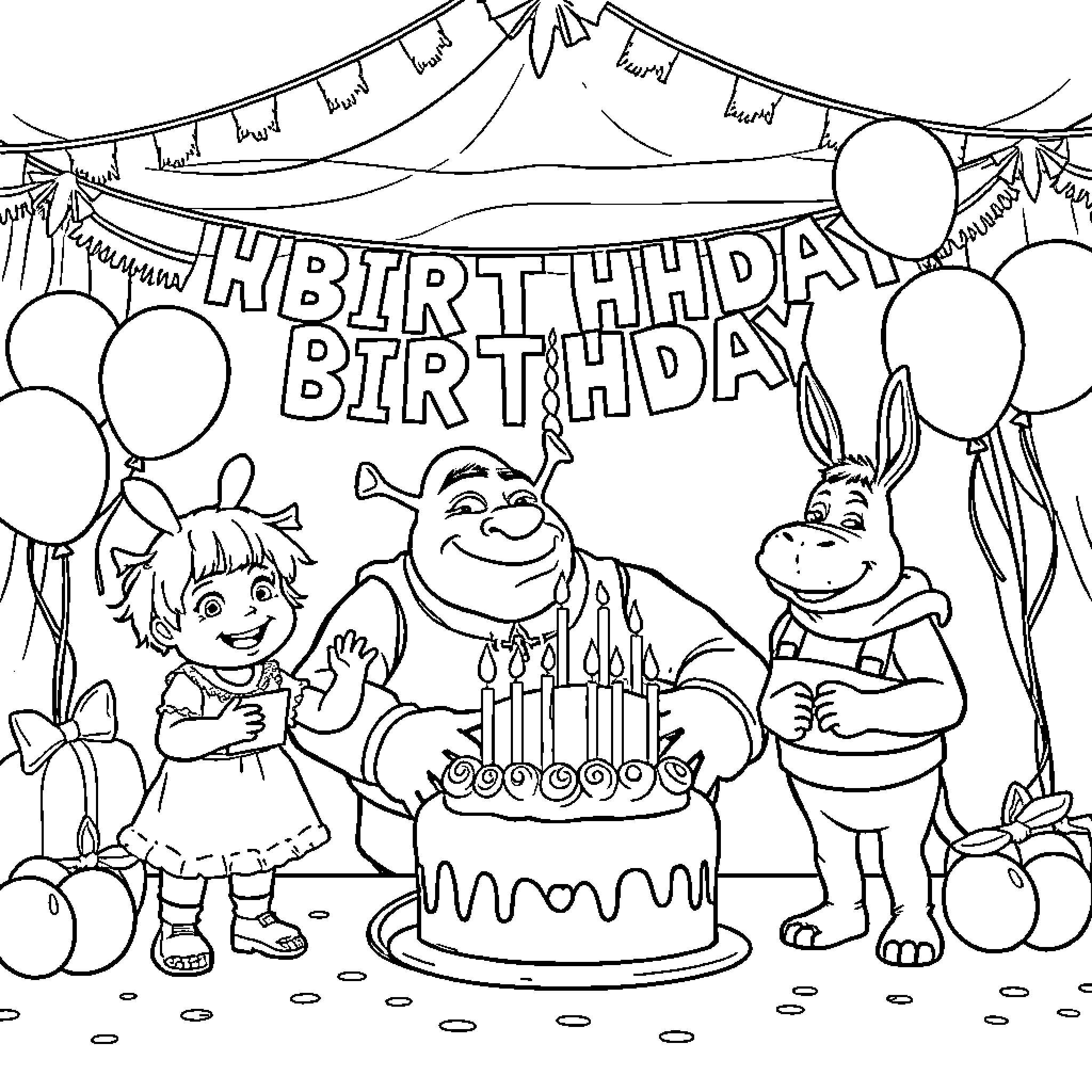 Shrek's Lively Birthday Celebration Coloring Page (free black-and-white line drawing printable PDF for all, from beginners to advanced learners, including children, teens, adults, and seniors)