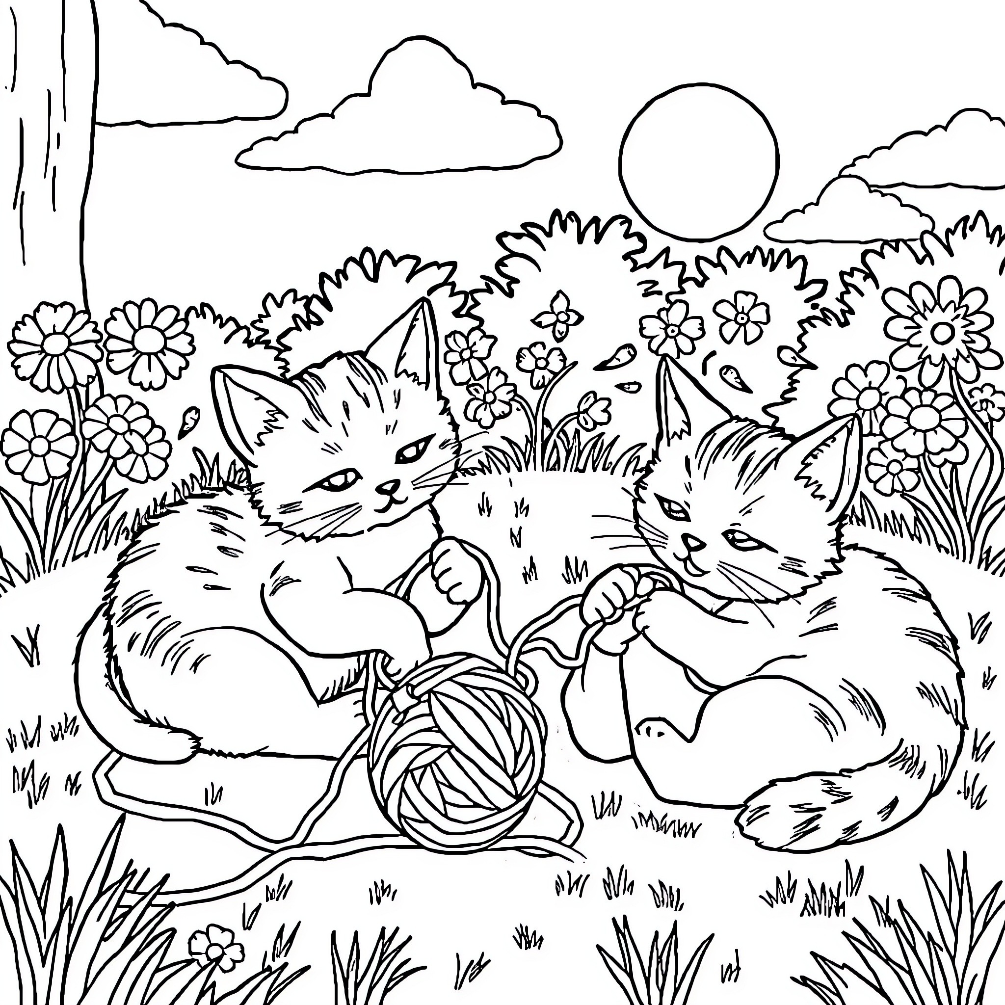 Cats playing with yarn in a floral garden Coloring Page (free black-and-white line drawing printable PDF for all, from beginners to advanced learners, including children, teens, adults, and seniors)