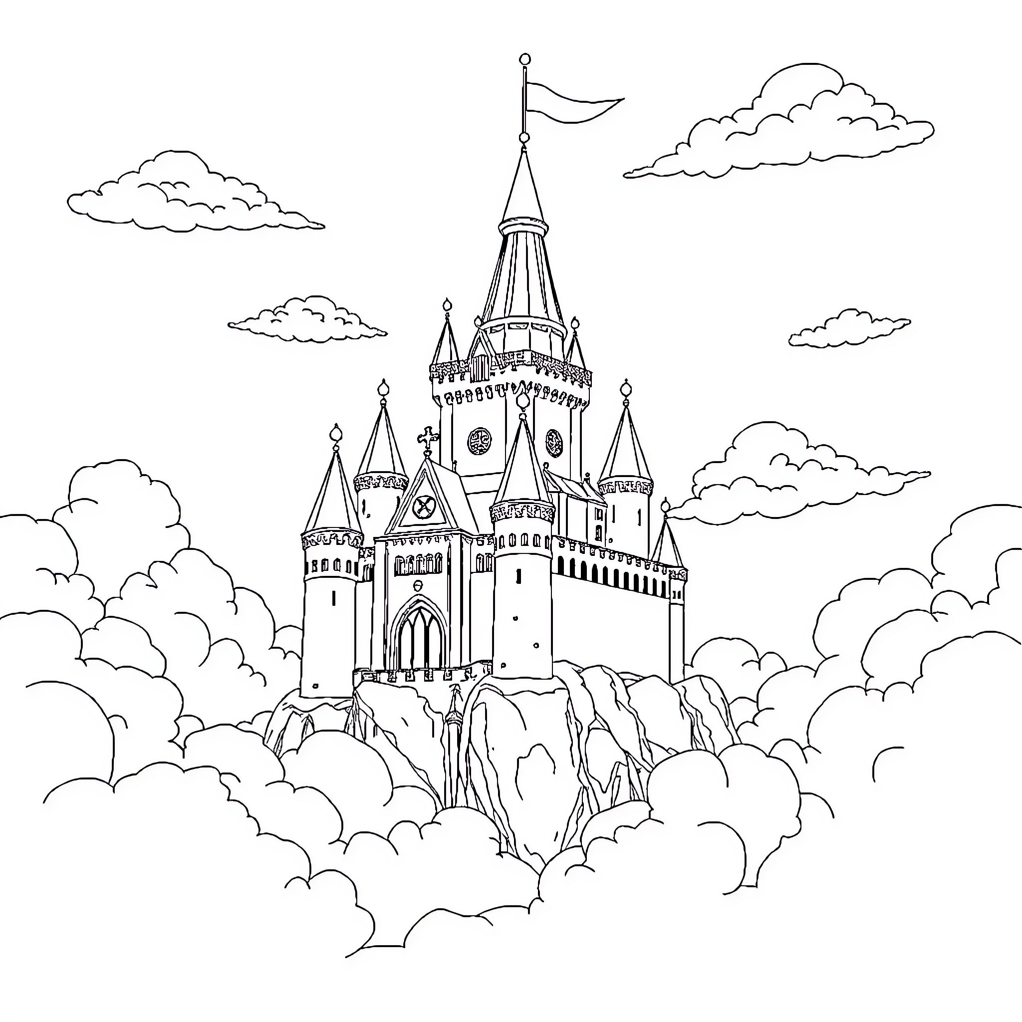 Castle in the Clouds with Towers and Flags Coloring Page (free black-and-white line drawing printable PDF for all, from beginners to advanced learners, including children, teens, adults, and seniors)