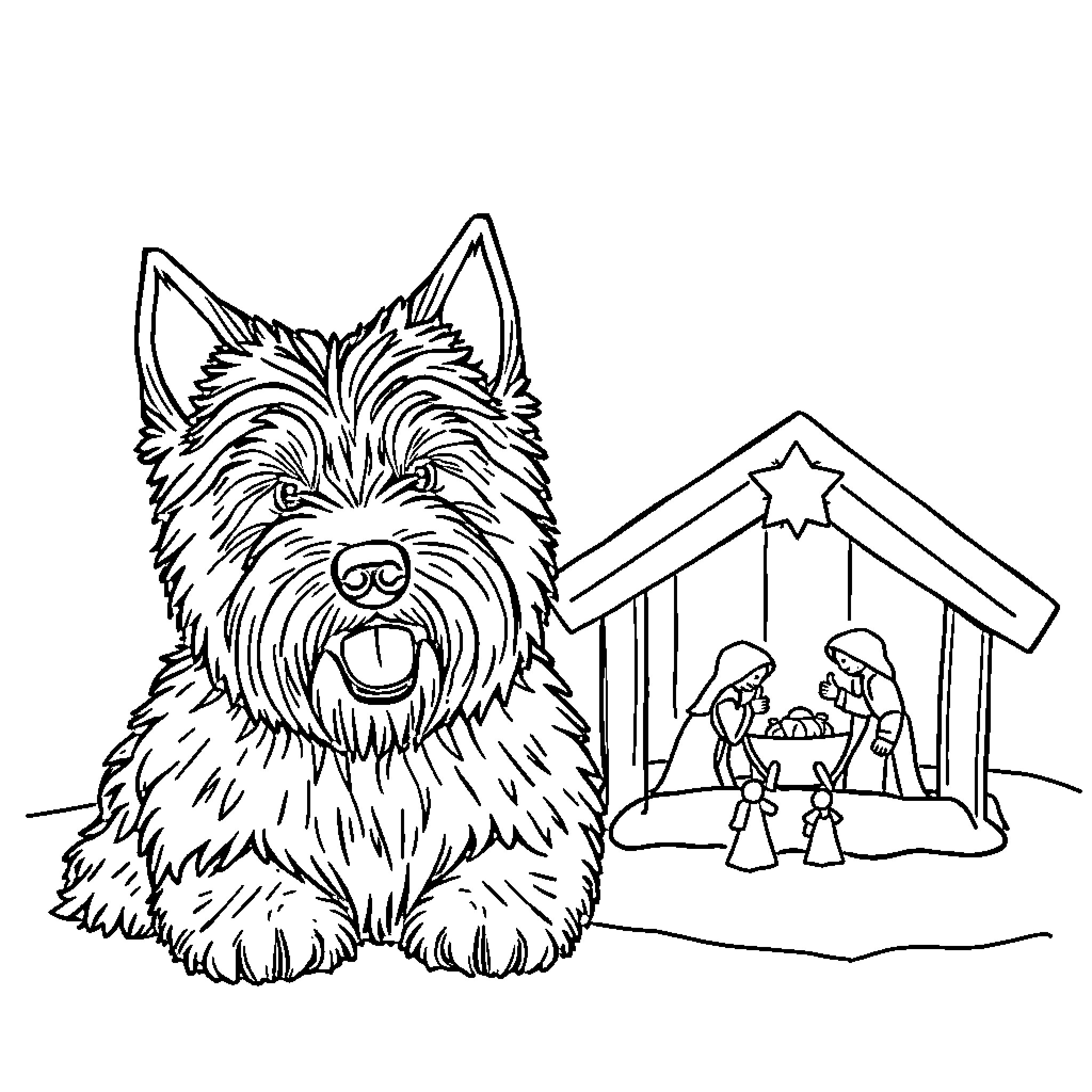 Westie with a Nativity Scene Coloring Page (free black-and-white line drawing printable PDF for all, from beginners to advanced learners, including children, teens, adults, and seniors)