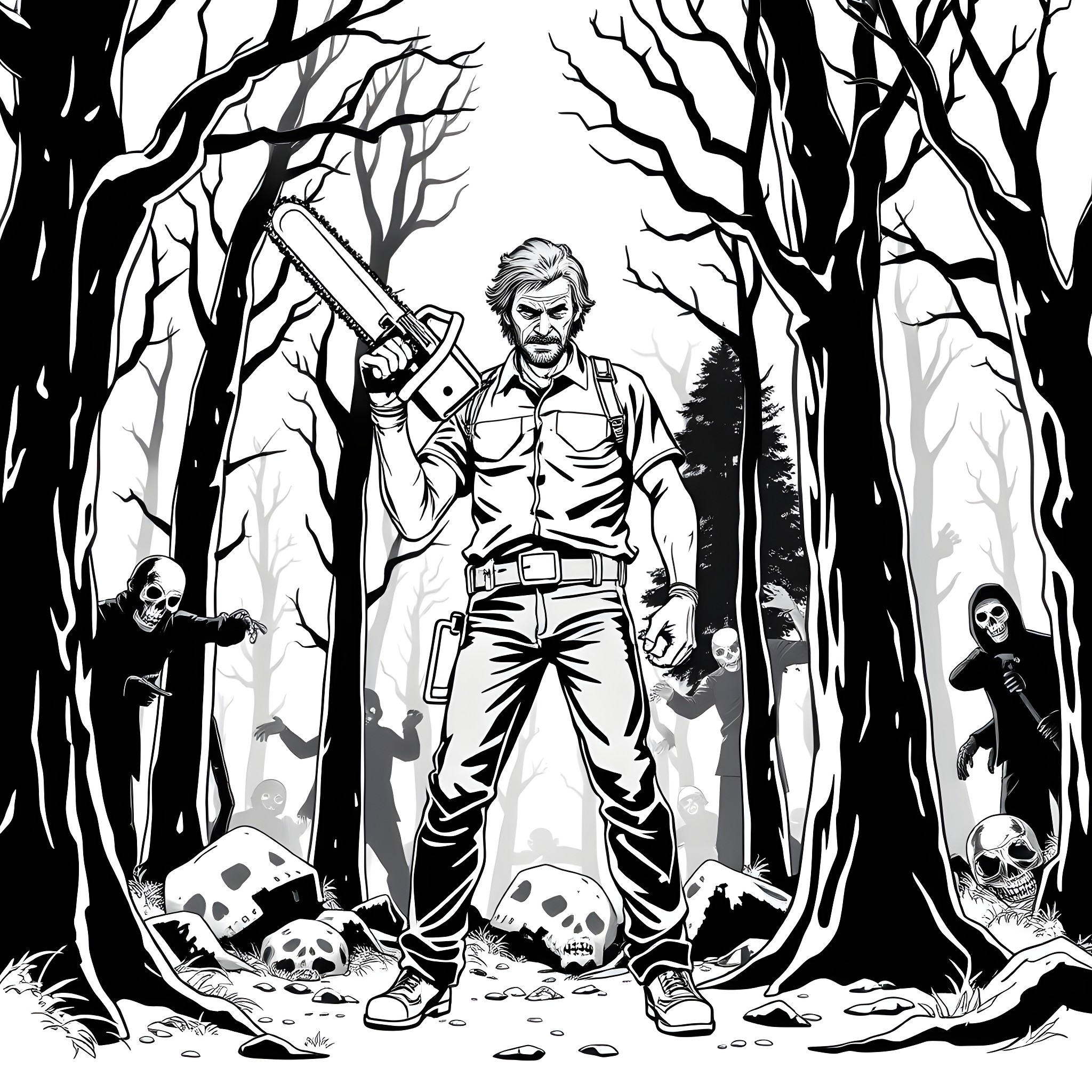 Ash Williams battles through the haunting forest Coloring Page (free black-and-white line drawing printable PDF for all, from beginners to advanced learners, including children, teens, adults, and seniors)