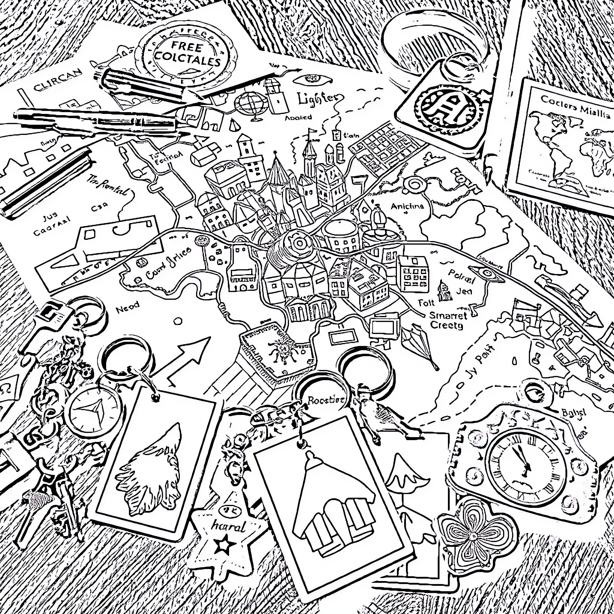 Tourist exploring a whimsical illustrated map Coloring Page (free black-and-white line drawing printable PDF for all, from beginners to advanced learners, including children, teens, adults, and seniors)