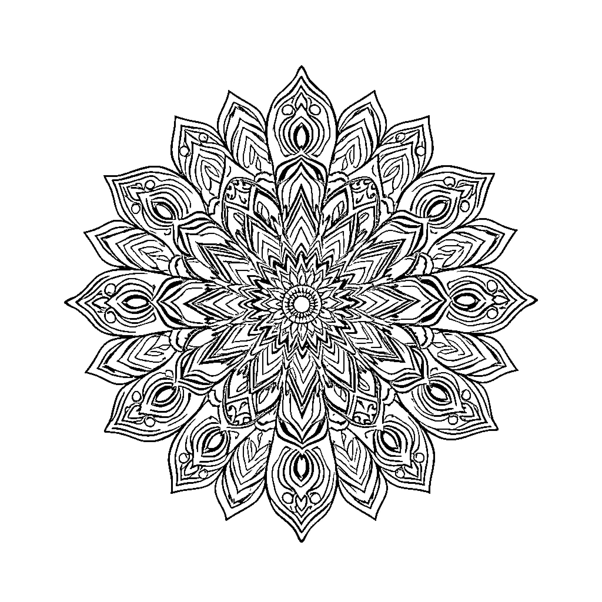 Mandala of Intricate Floral Patterns Coloring Page (free black-and-white line drawing printable PDF for all, from beginners to advanced learners, including children, teens, adults, and seniors)