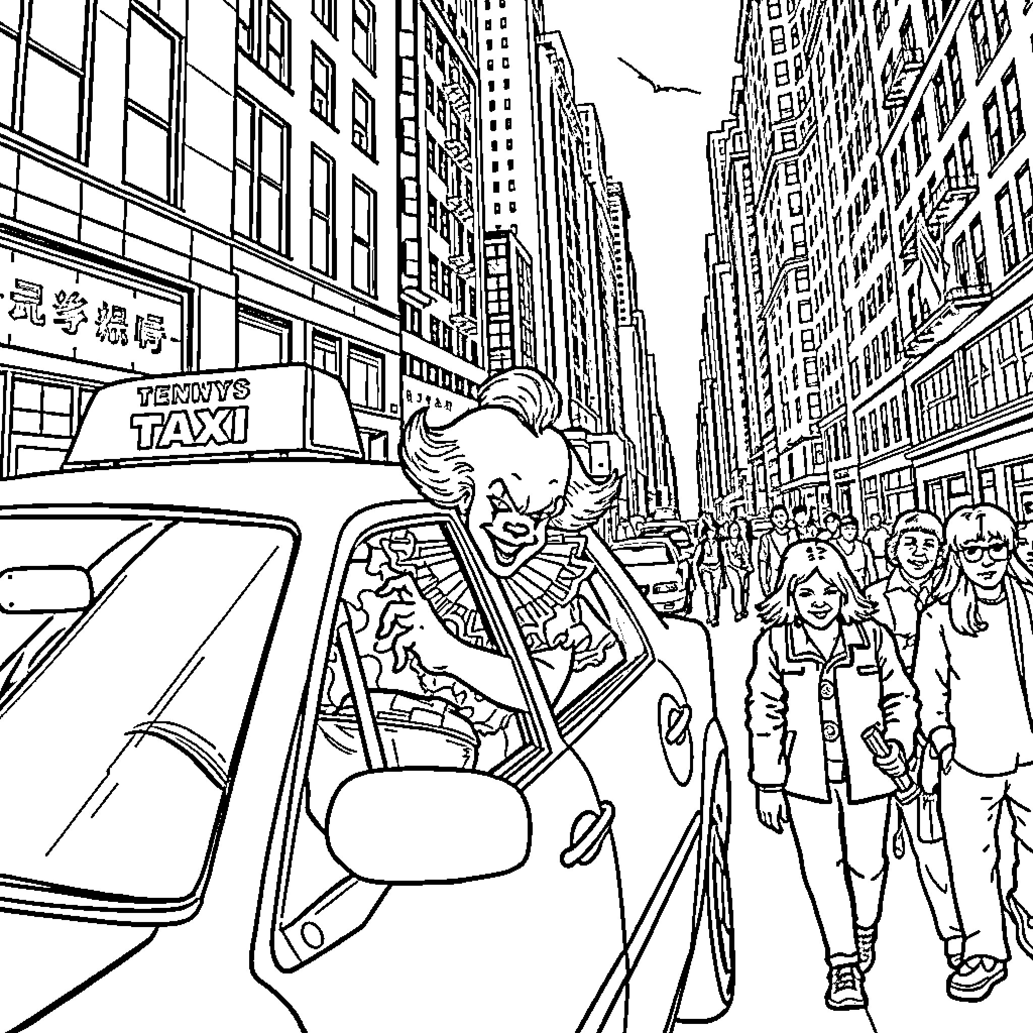 Pennywise's eerie presence in the bustling city streets Coloring Page (free black-and-white line drawing printable PDF for all, from beginners to advanced learners, including children, teens, adults, and seniors)
