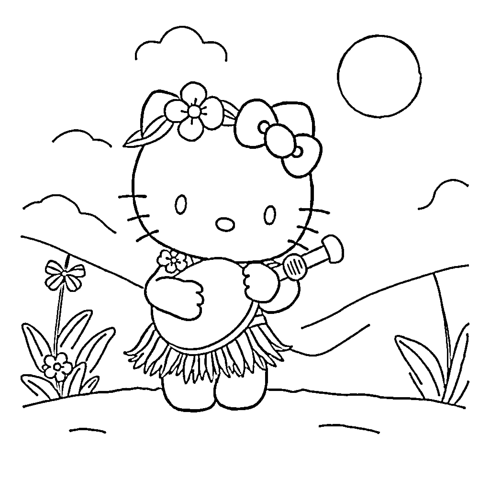 Hello Kitty playing ukulele in the garden Coloring Page (free black-and-white line drawing printable PDF for all, from beginners to advanced learners, including children, teens, adults, and seniors)