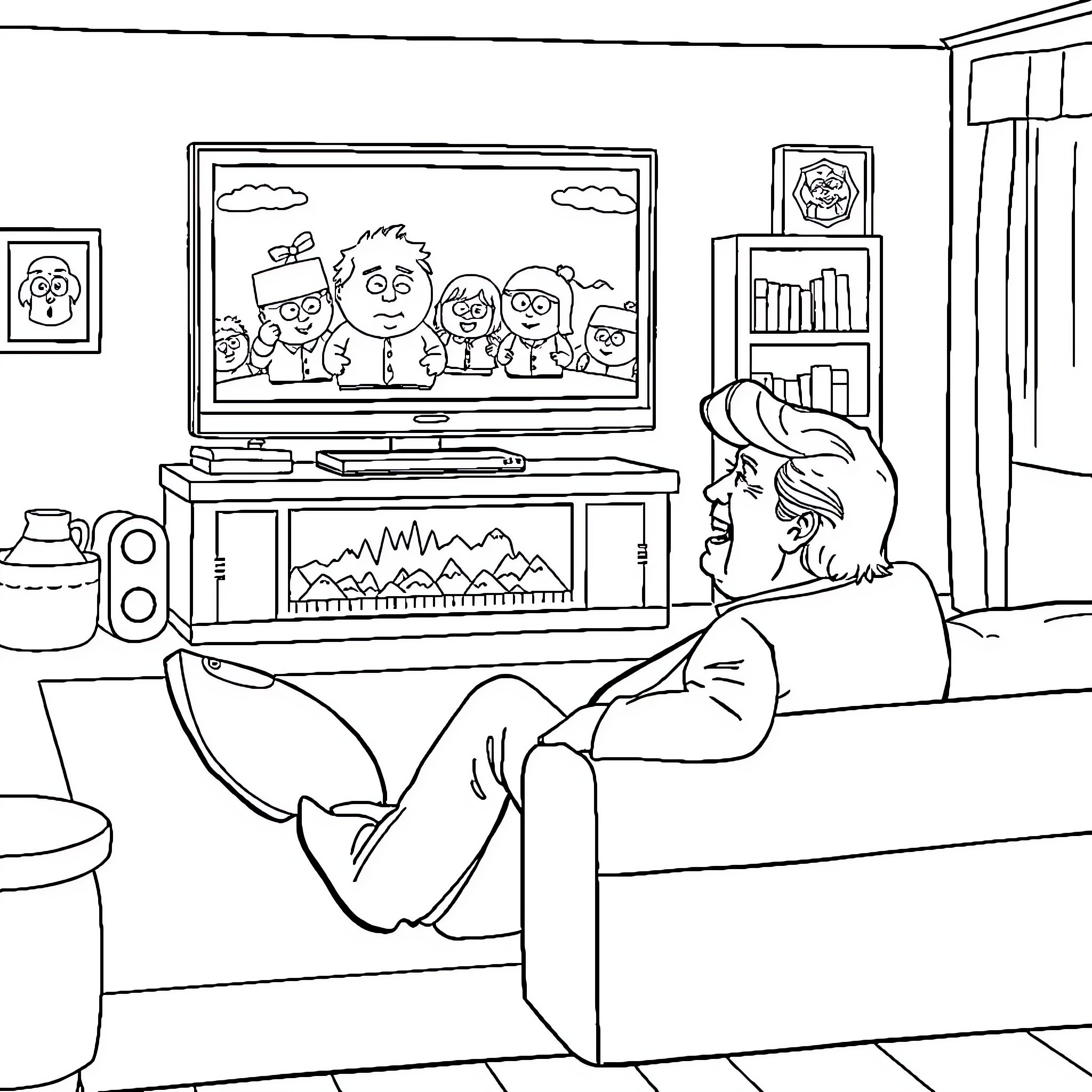 Donald Trump watching television with family members Coloring Page (free black-and-white line drawing printable PDF for all, from beginners to advanced learners, including children, teens, adults, and seniors)