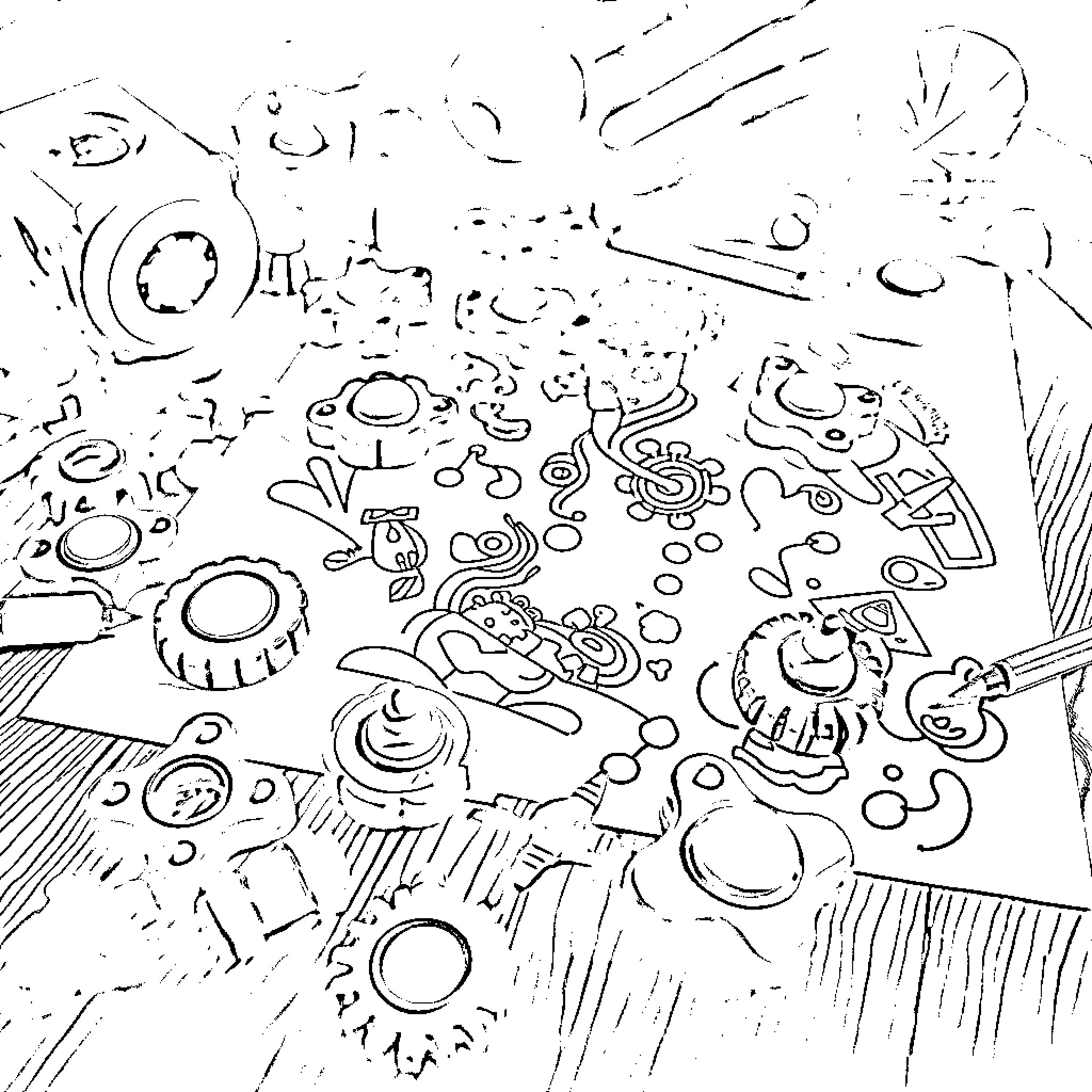 Fidget Toy Whimsical Doodle Chaos Coloring Page (free black-and-white line drawing printable PDF for all, from beginners to advanced learners, including children, teens, adults, and seniors)