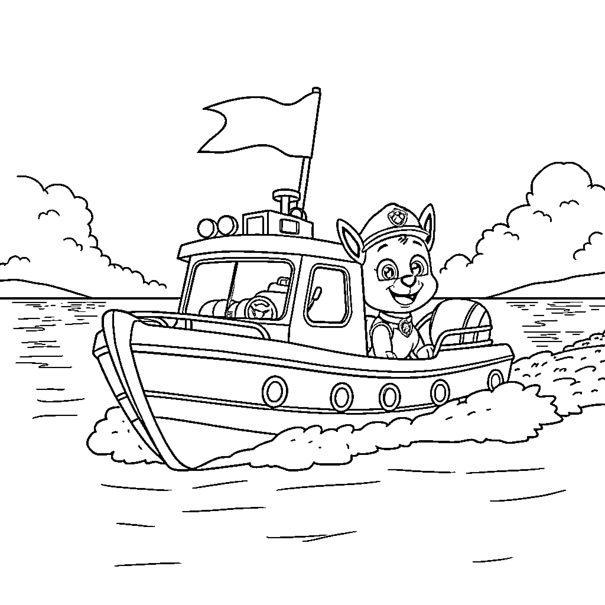 Paw Patrol Boat Sailing on the Water Coloring Page (free black-and-white line drawing printable PDF for all, from beginners to advanced learners, including children, teens, adults, and seniors)