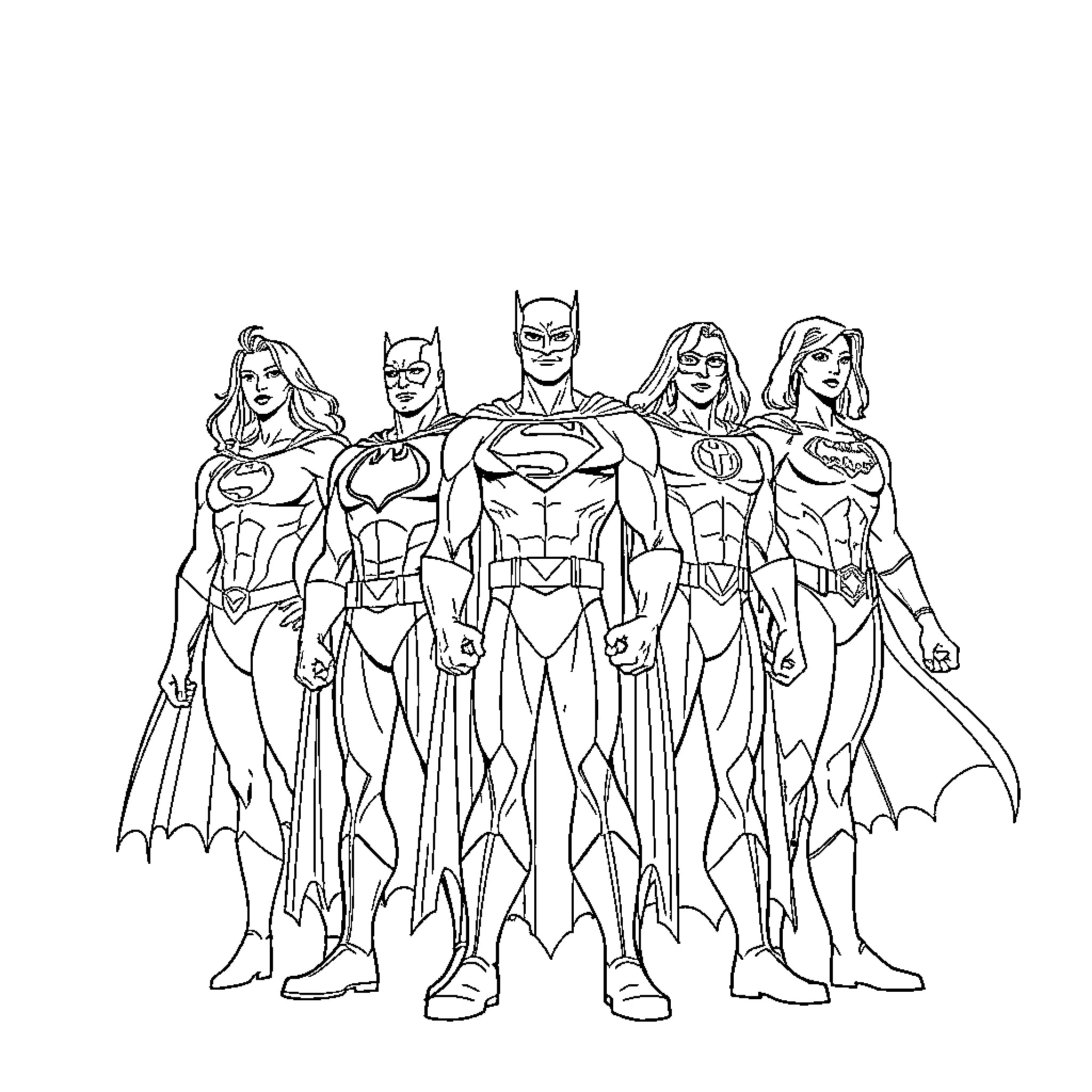 Justice League Superheroes in Action Poses Coloring Page (free black-and-white line drawing printable PDF for all, from beginners to advanced learners, including children, teens, adults, and seniors)
