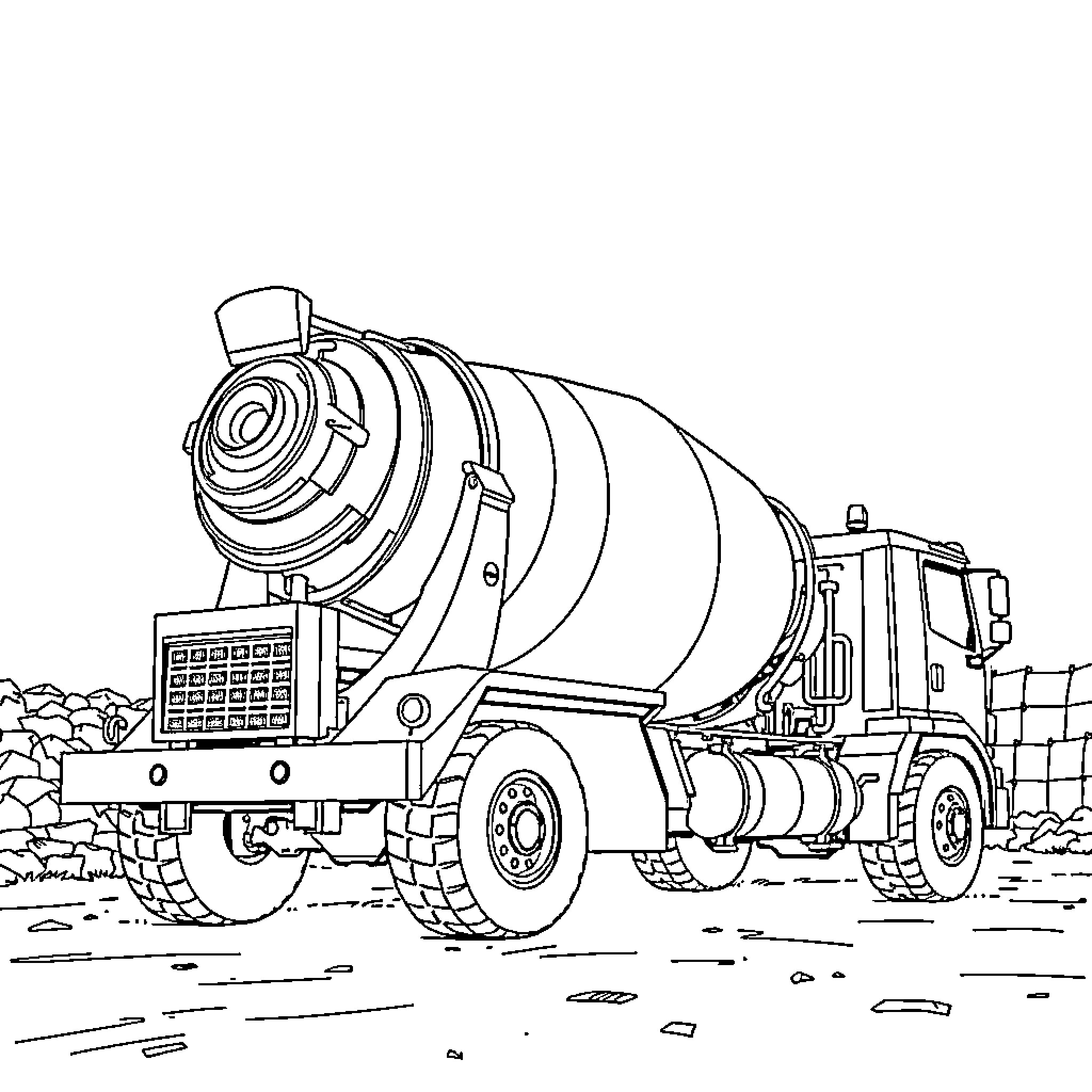 Concrete Mixer Truck in Construction Site Coloring Page (free black-and-white line drawing printable PDF for all, from beginners to advanced learners, including children, teens, adults, and seniors)