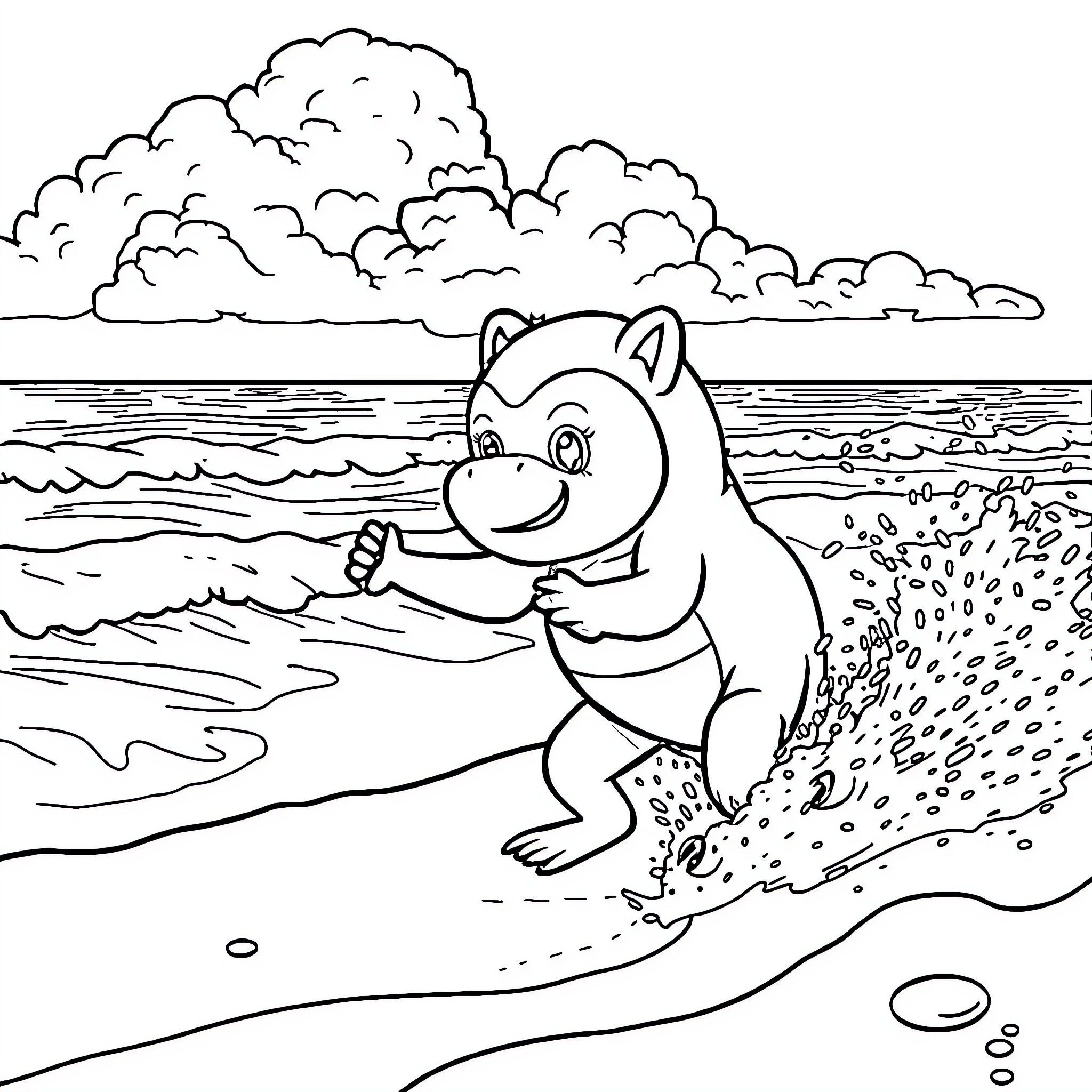 Labubu playing happily on the beach Coloring Page (free black-and-white line drawing printable PDF for all, from beginners to advanced learners, including children, teens, adults, and seniors)