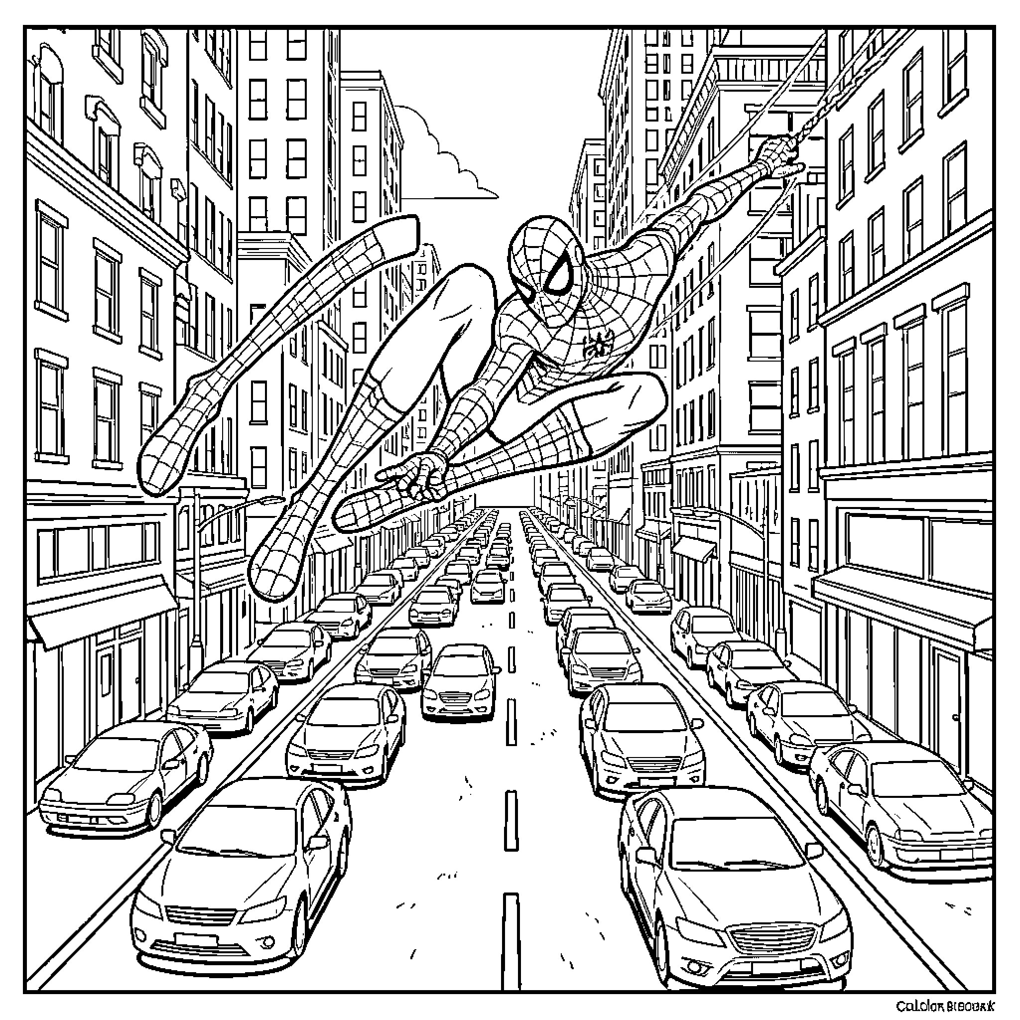 Spider-Man swinging through the city streets Coloring Page (free black-and-white line drawing printable PDF for all, from beginners to advanced learners, including children, teens, adults, and seniors)