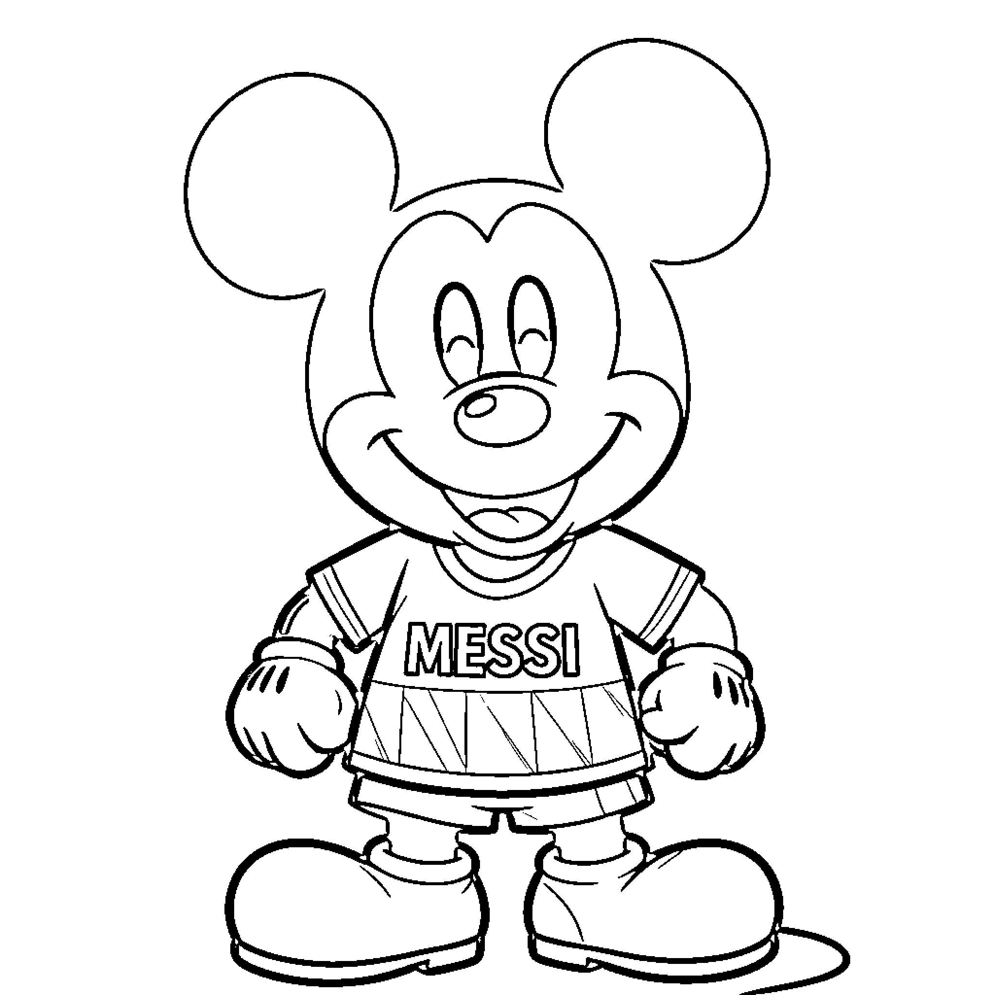 Mickey Mouse wearing a Messi soccer jersey and smiling Coloring Page (free black-and-white line drawing printable PDF for all, from beginners to advanced learners, including children, teens, adults, and seniors)
