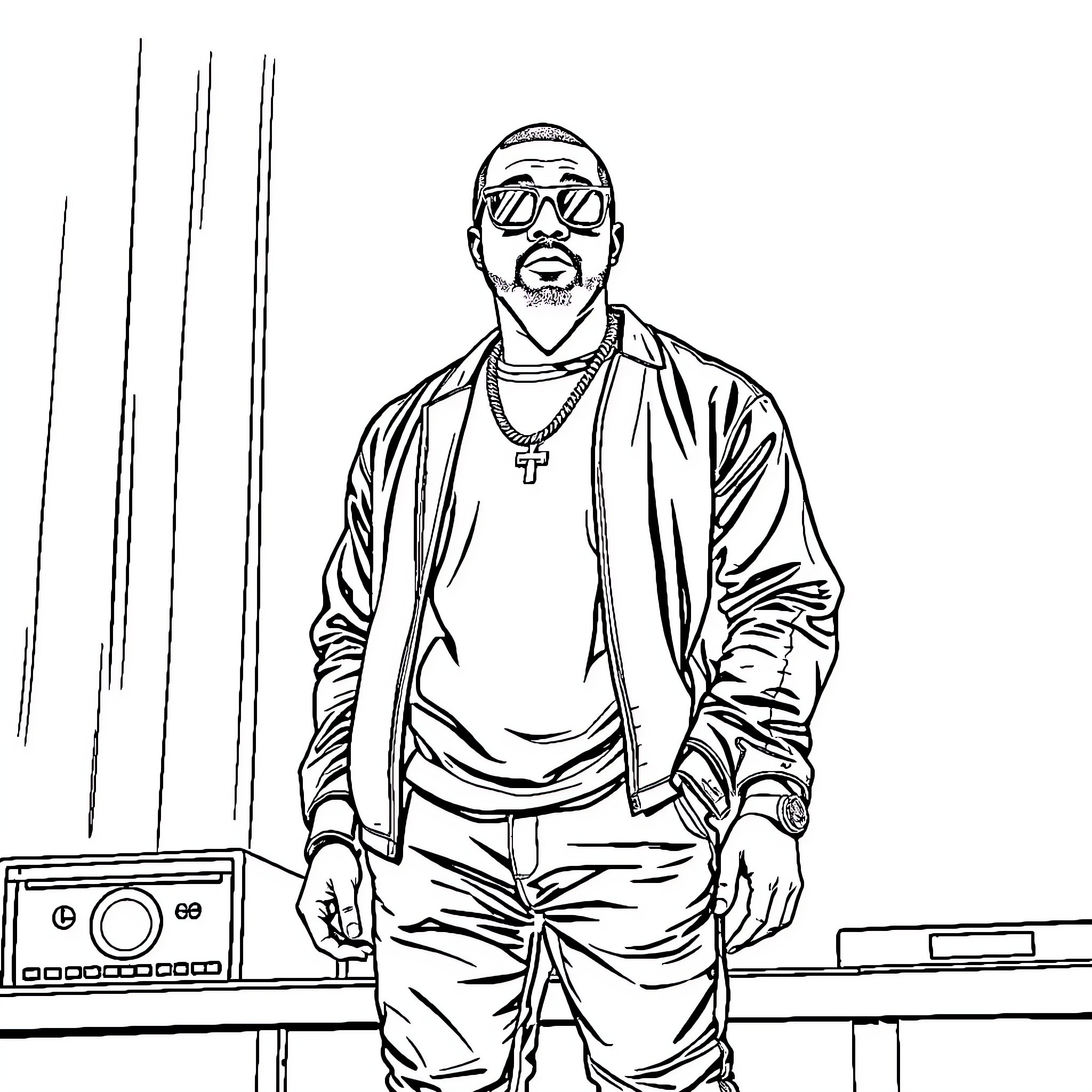 Kanye posing in casual attire with sunglasses Coloring Page (free black-and-white line drawing printable PDF for all, from beginners to advanced learners, including children, teens, adults, and seniors)